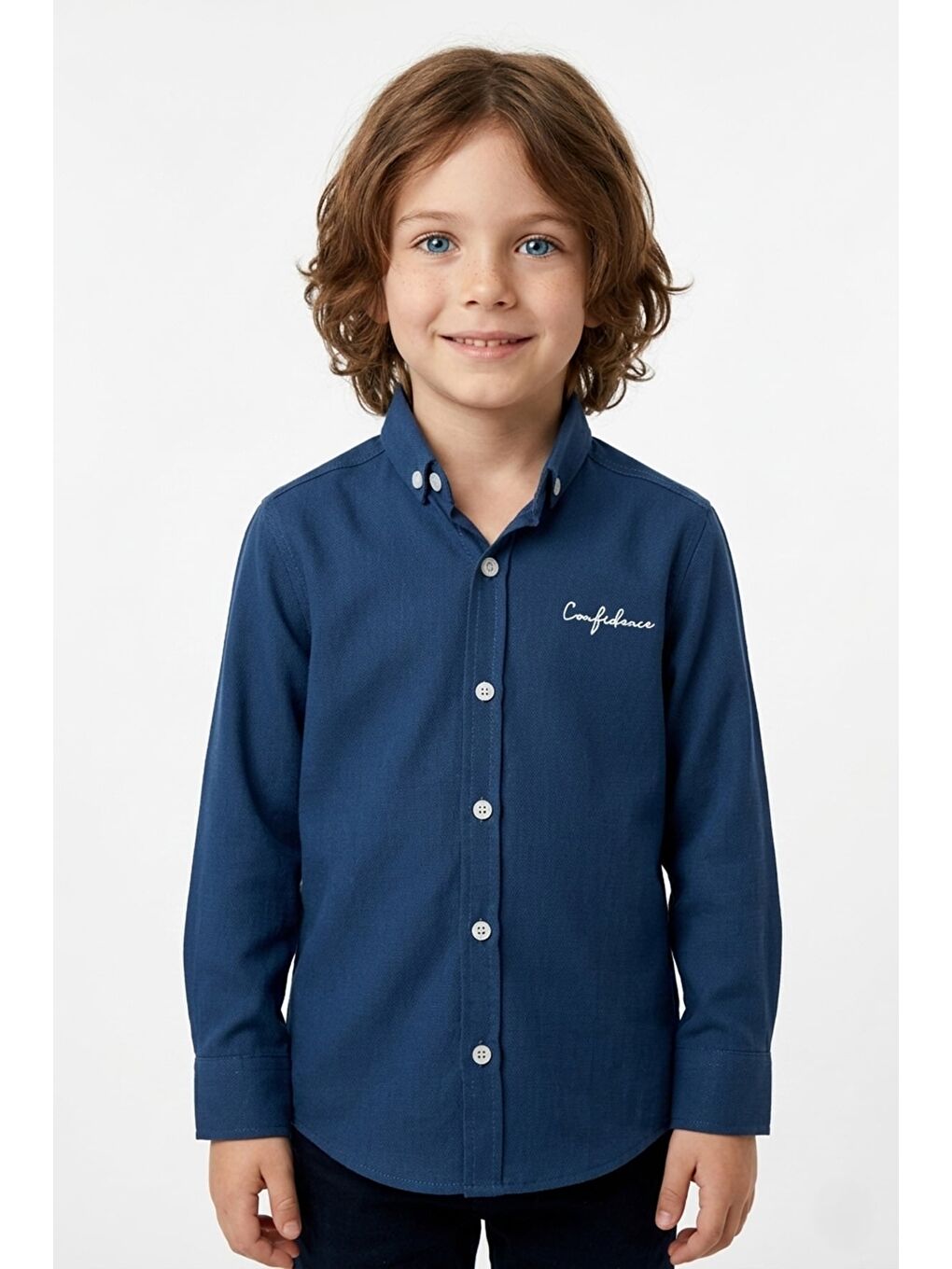 Petrol Yazı Baskılı Kolu Katlamalı Erkek Çocuk Gömlek-1