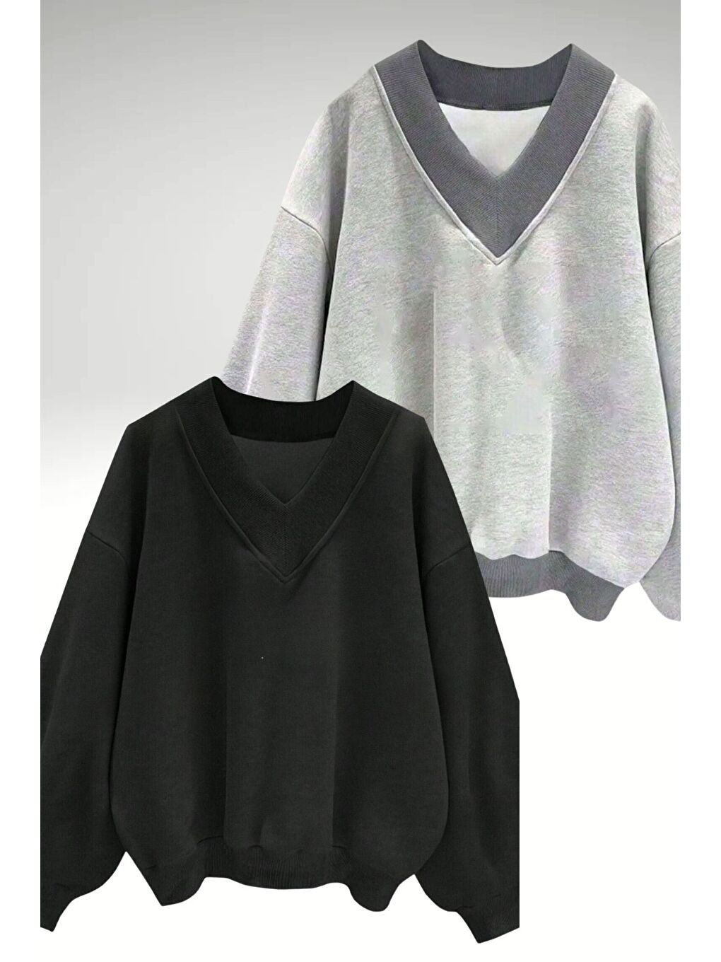 Kadın 3 Iplik Siyah Gri Düz V Yaka Oversize 2Li Sweatshirt