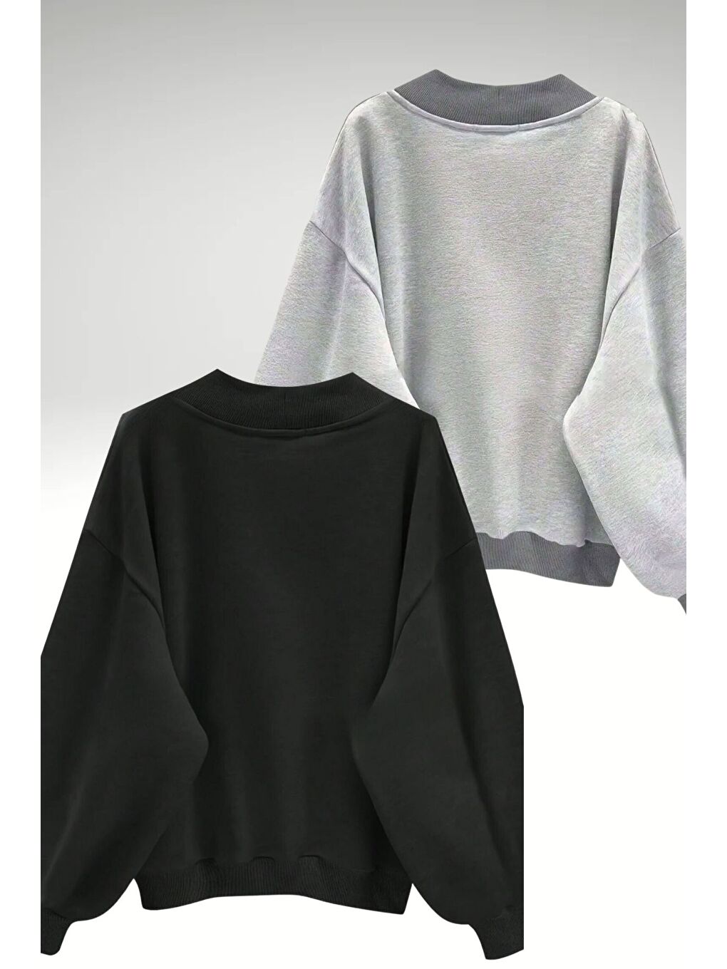 Kadın 3 Iplik Siyah Gri Düz V Yaka Oversize 2Li Sweatshirt-1