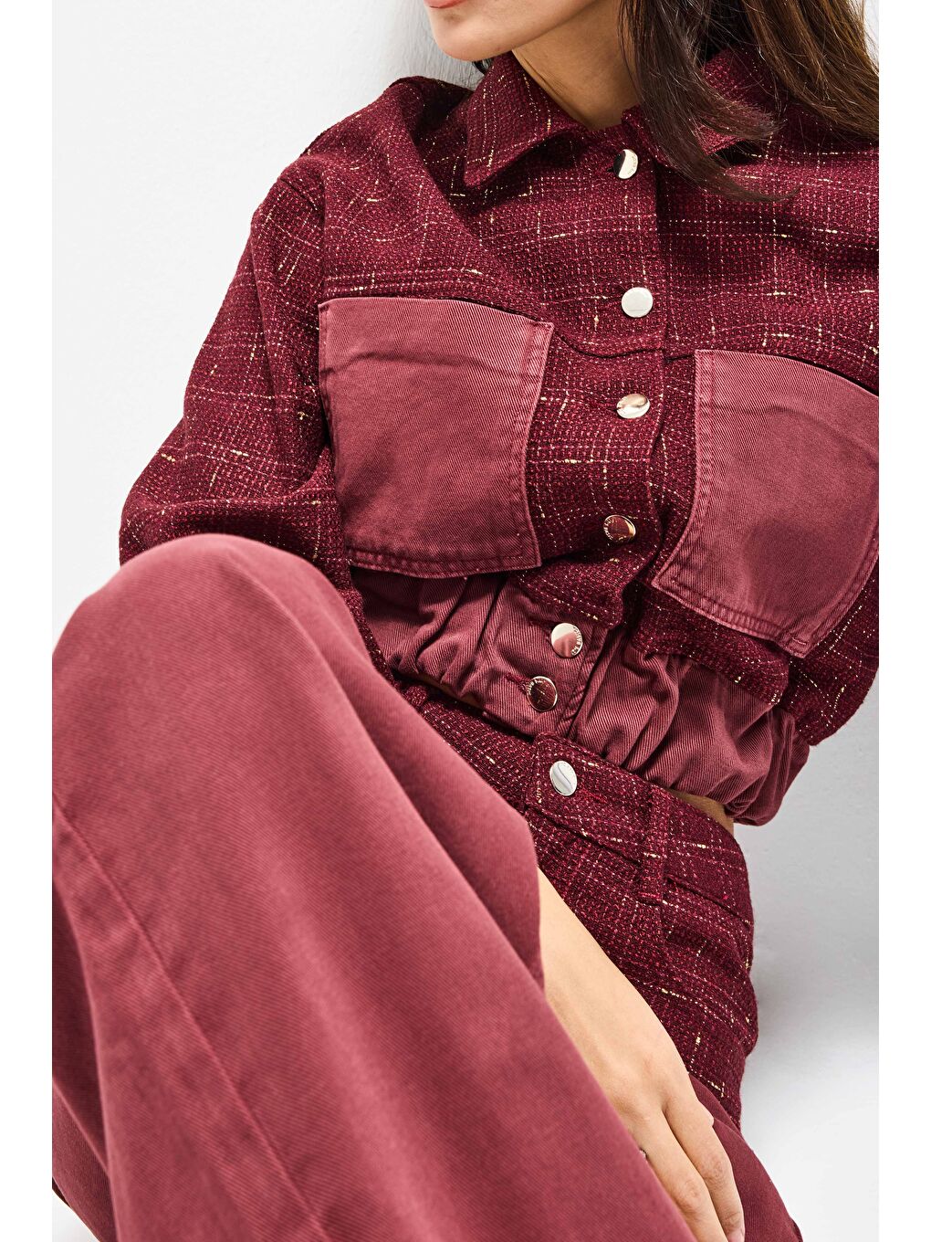 Kadın Bordo 6w6-35 Dokuma Denim Kumaş Karışımlı Önü Düğmeli Özel Tasarım Bomber Ceket-1