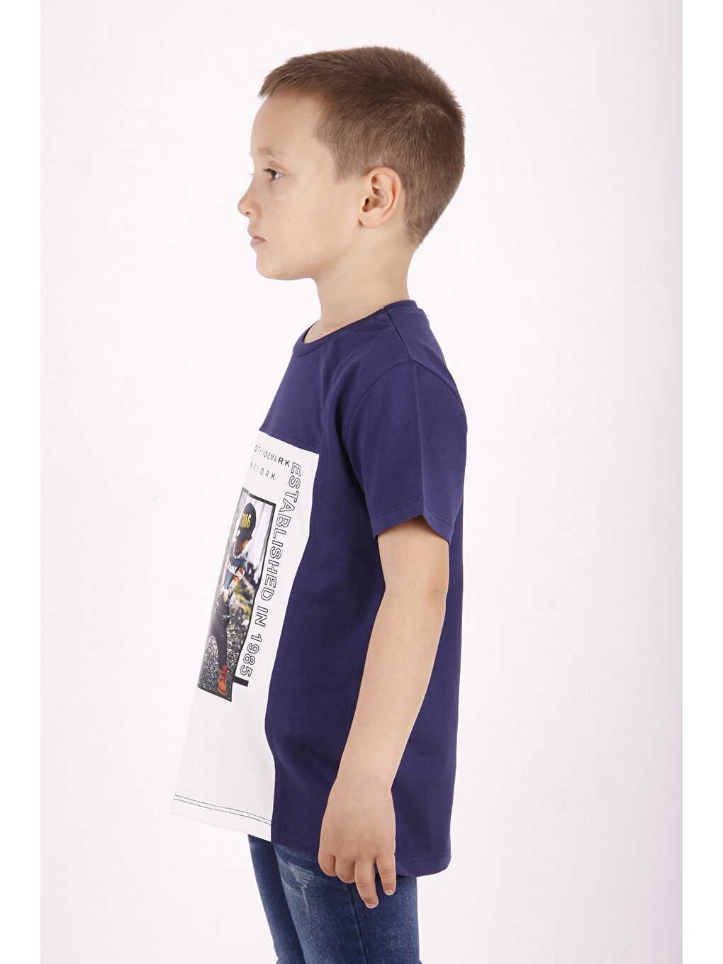 Lacivert Erkek Çocuk Brooklyn Baskılı Garnili Tişört-1