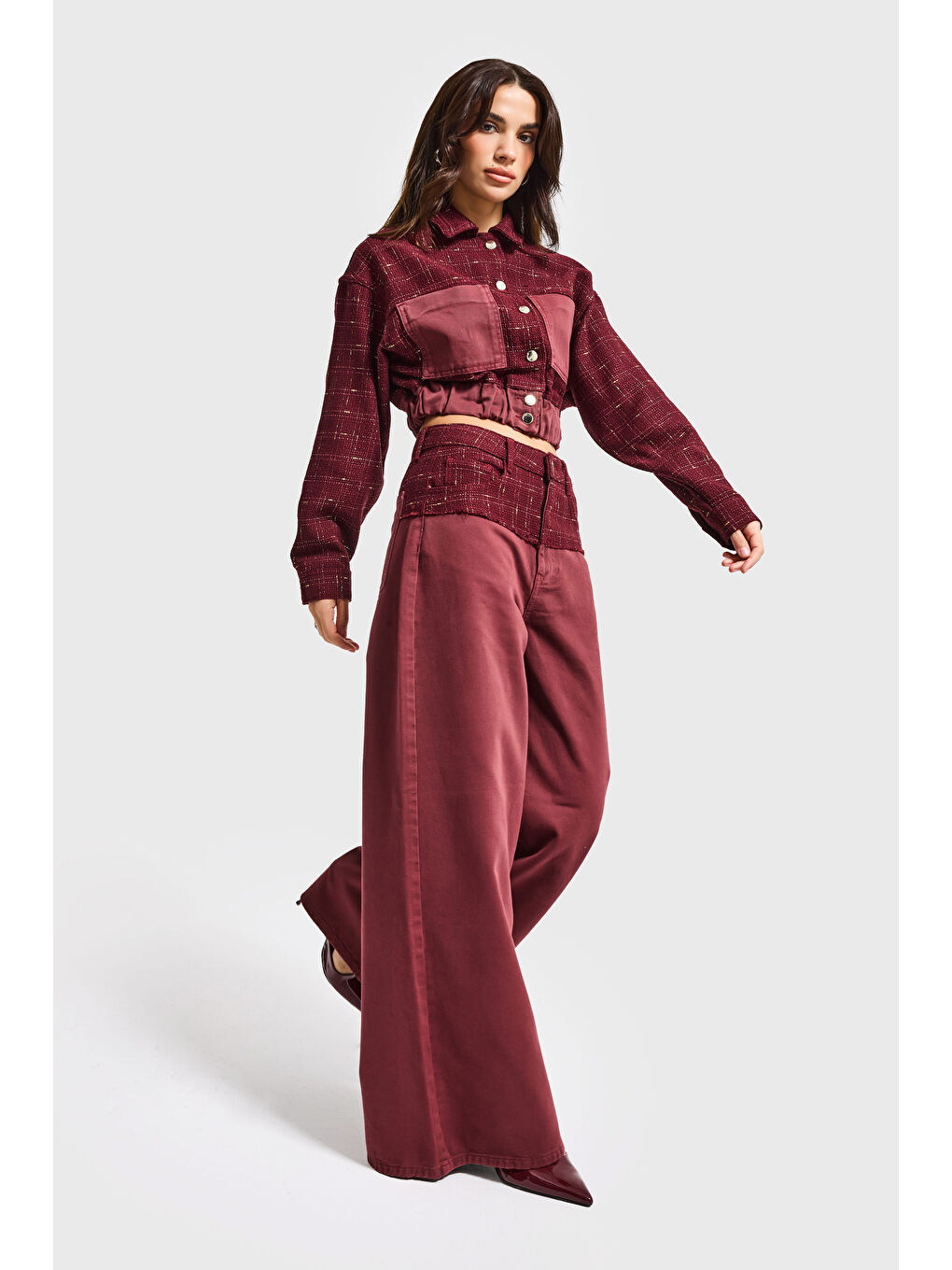 Kadın Bordo 6w6-35 Dokuma Denim Kumaş Karışımlı Önü Düğmeli Özel Tasarım Bomber Ceket-2