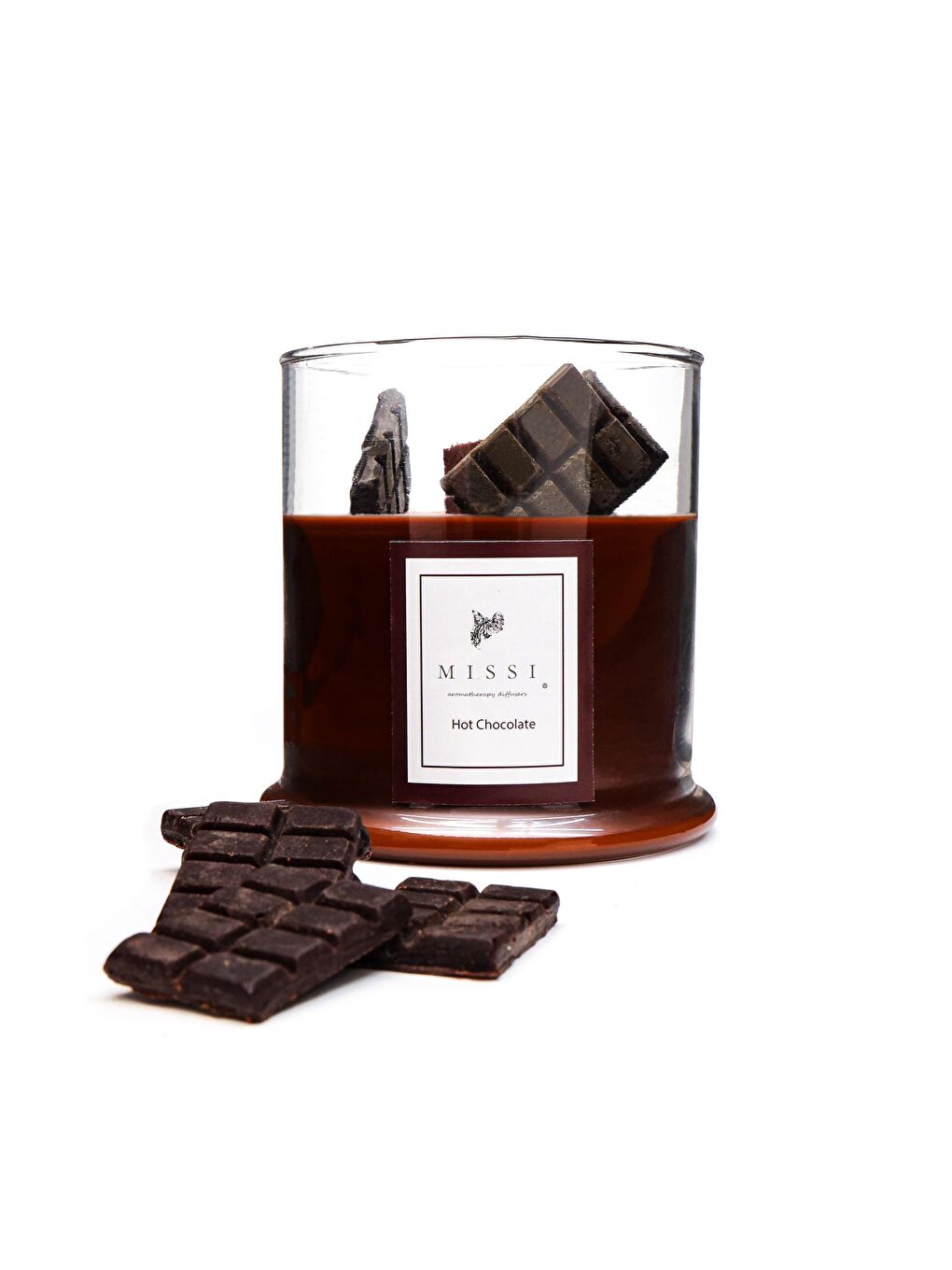 Kahverengi Büyük Üfleme Cam Ahşap Fitilli Hot Chocolate Vegan Mum (380 gr)-2