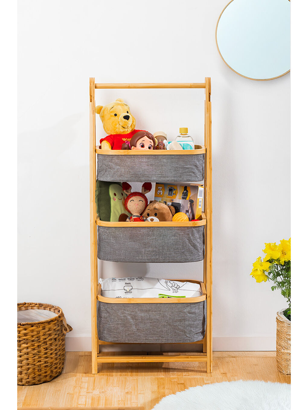 2085 3 Katlı Organizer Dolap Ahşap Bambu Oyuncak Sepeti Banyo Mutfak Düzenleyicisi