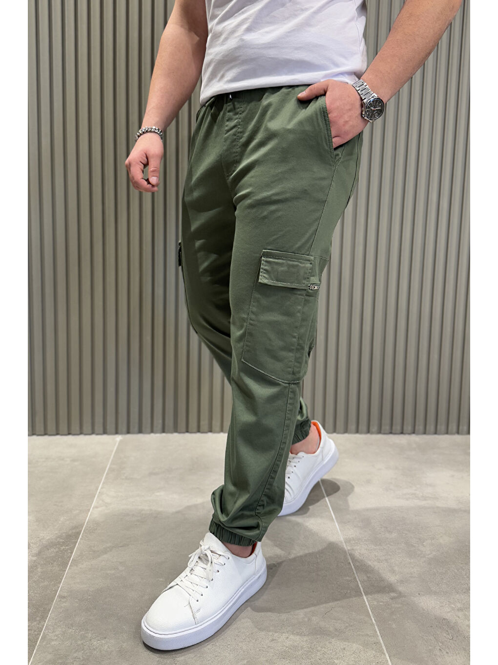 Haki Erkek Bel Ve Paça Lastikli Kargo Cep Pantolon-1