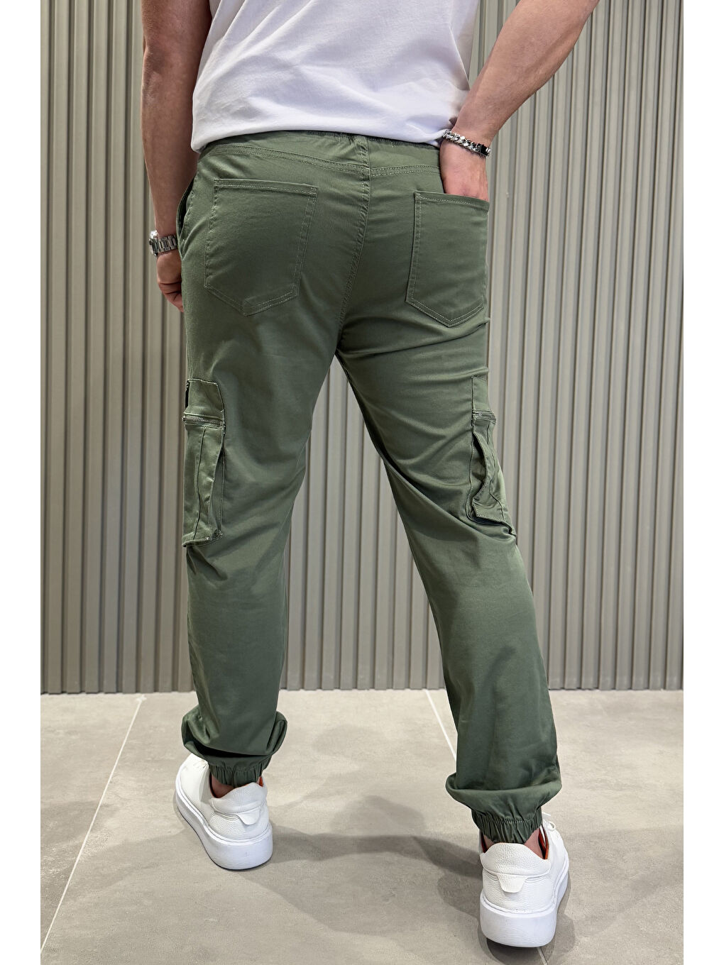 Haki Erkek Bel Ve Paça Lastikli Kargo Cep Pantolon-2