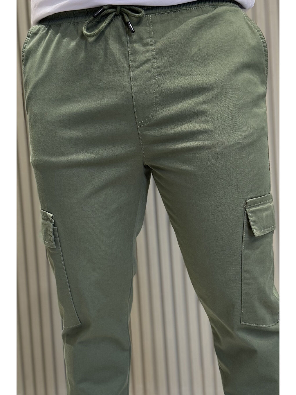 Haki Erkek Bel Ve Paça Lastikli Kargo Cep Pantolon-3