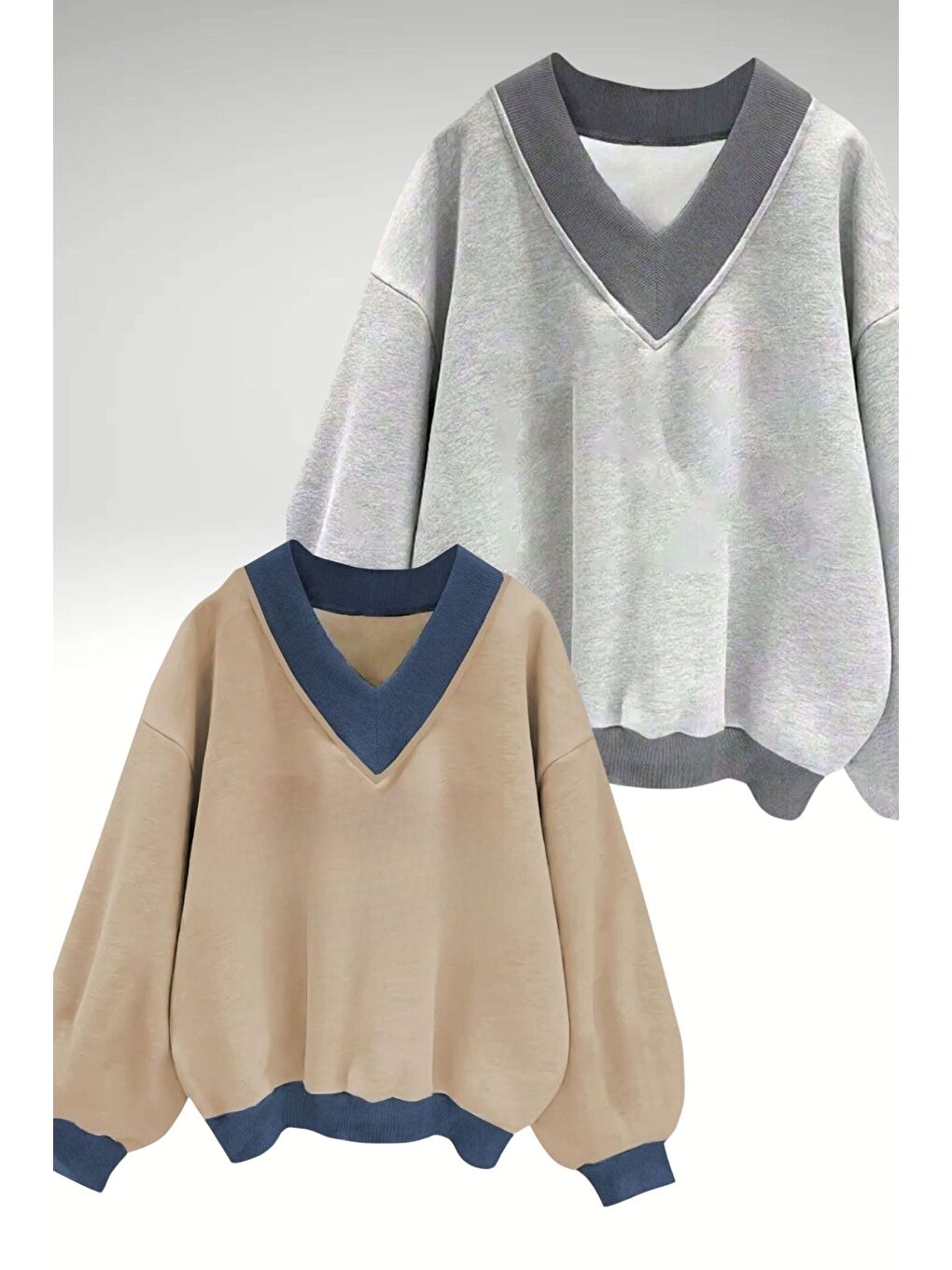 Kadın 3 Iplik Gri Vizon Düz V Yaka Oversize 2Li Sweatshirt