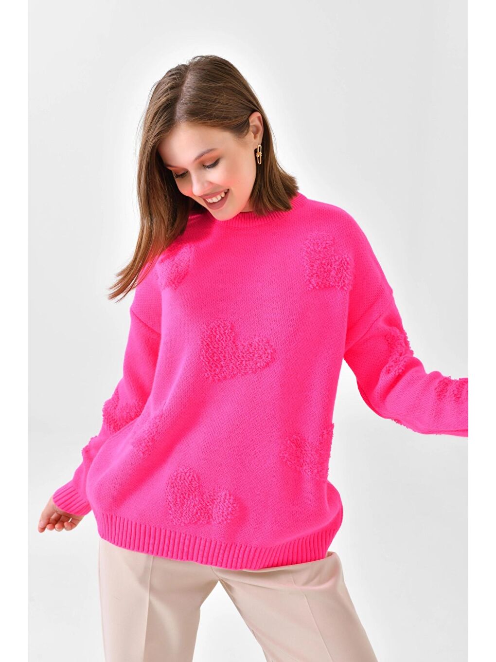 Fuşya Kalp Desenli Bisiklet Yak Kalın Triko Kazak