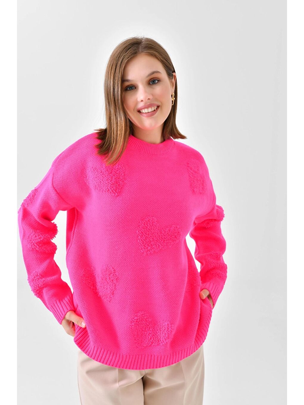 Fuşya Kalp Desenli Bisiklet Yak Kalın Triko Kazak-1