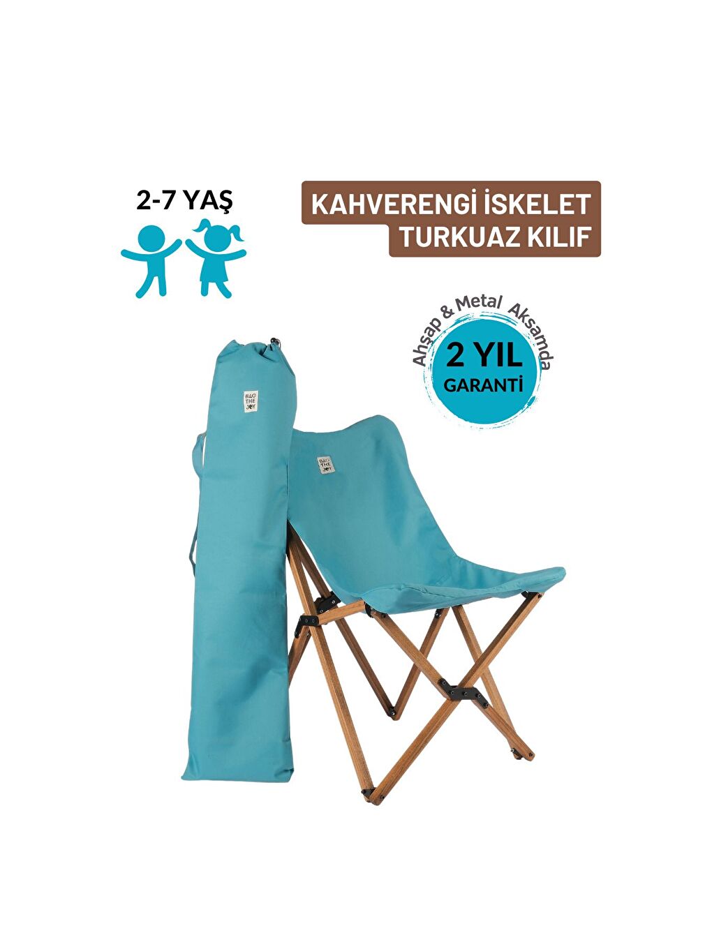 Bag The Joy Turkuaz Kıds Katlanır Ahşap Kamp   Bahçe Sandalyesi Kahverengi İskelet   Turkuaz Kılıf