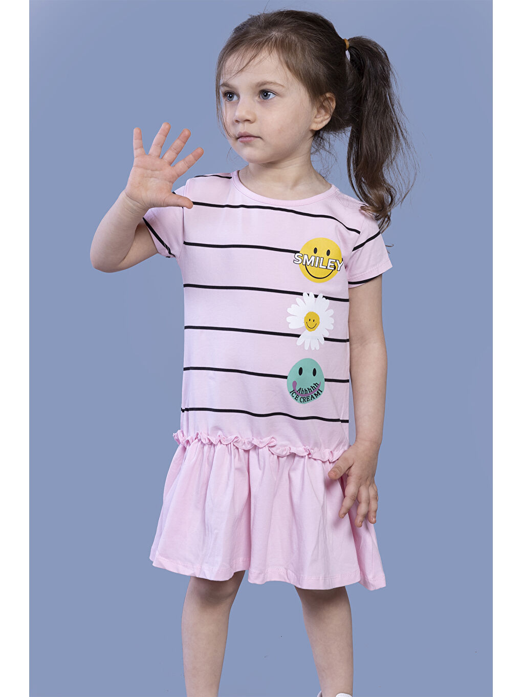 Pembe Kız Çocuk Çizgi Desenli Büzgülü Elbise-1