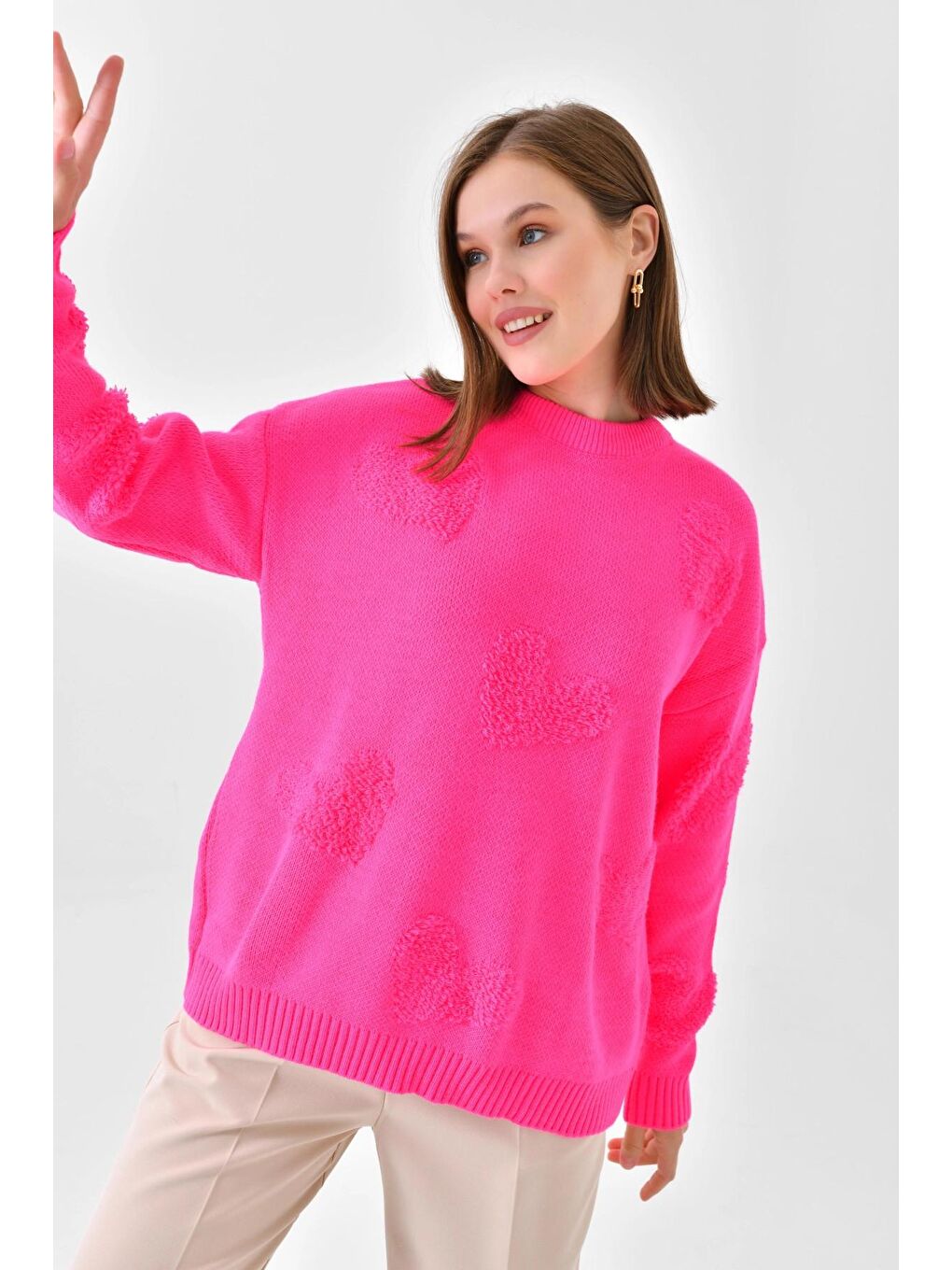 Fuşya Kalp Desenli Bisiklet Yak Kalın Triko Kazak-2