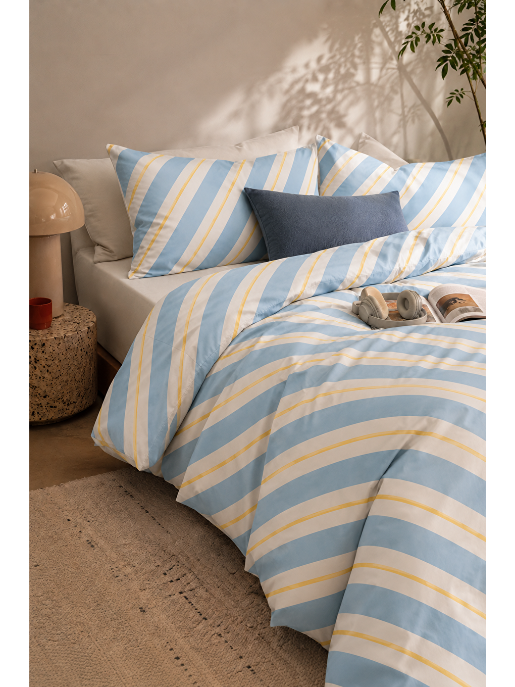 Ekru Çapraz Çizgili Modern Nevresim Seti Bebe Mavi Ve Sarı 200x220 Çift Kişilik Yorgan Kılıfı-2