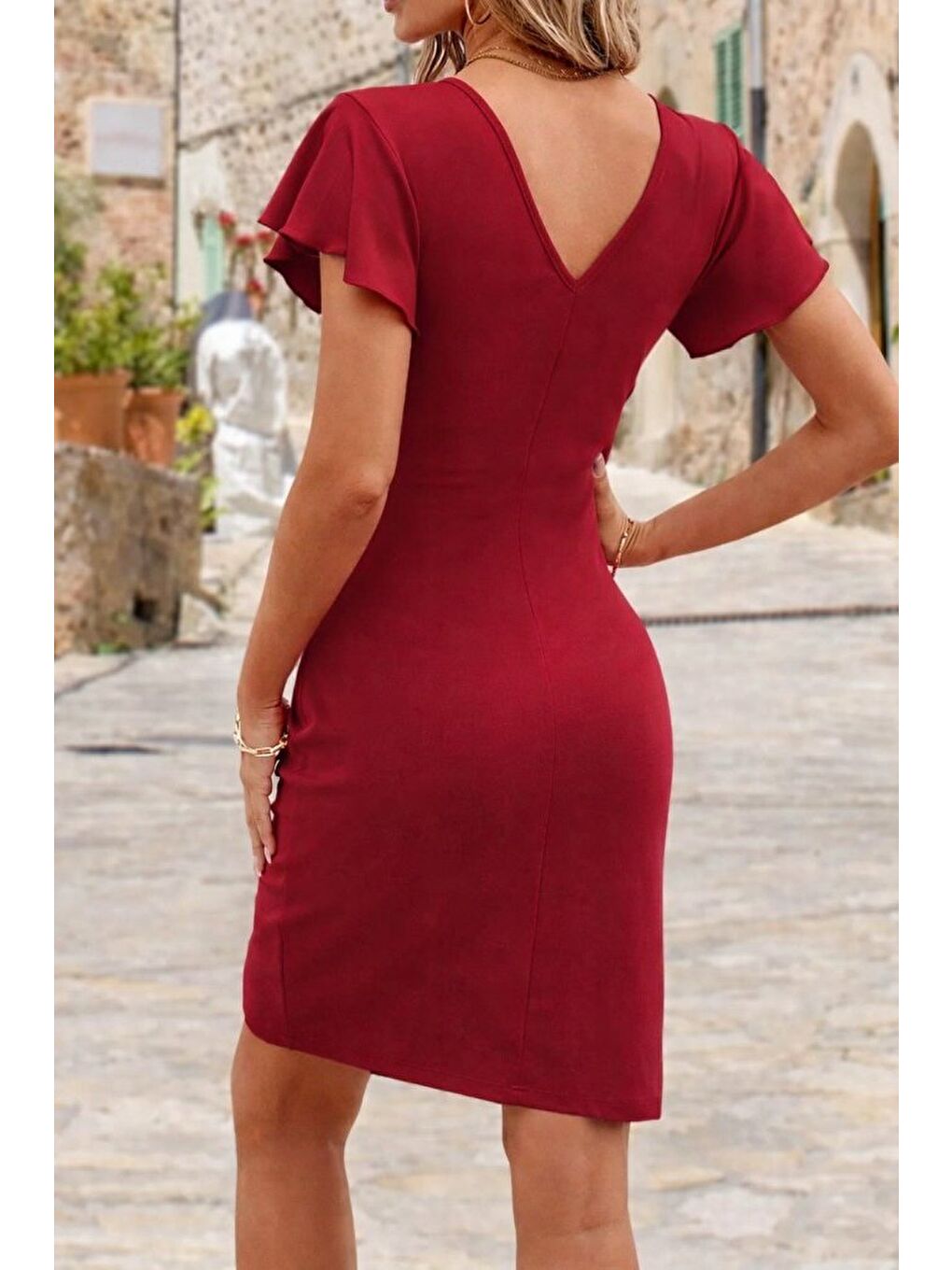 Kırmızı Kadın Uzun Kollu Volanlı Kruvaze Yaka Yanlardan Büzgülü Ithal Krep Elbise-1