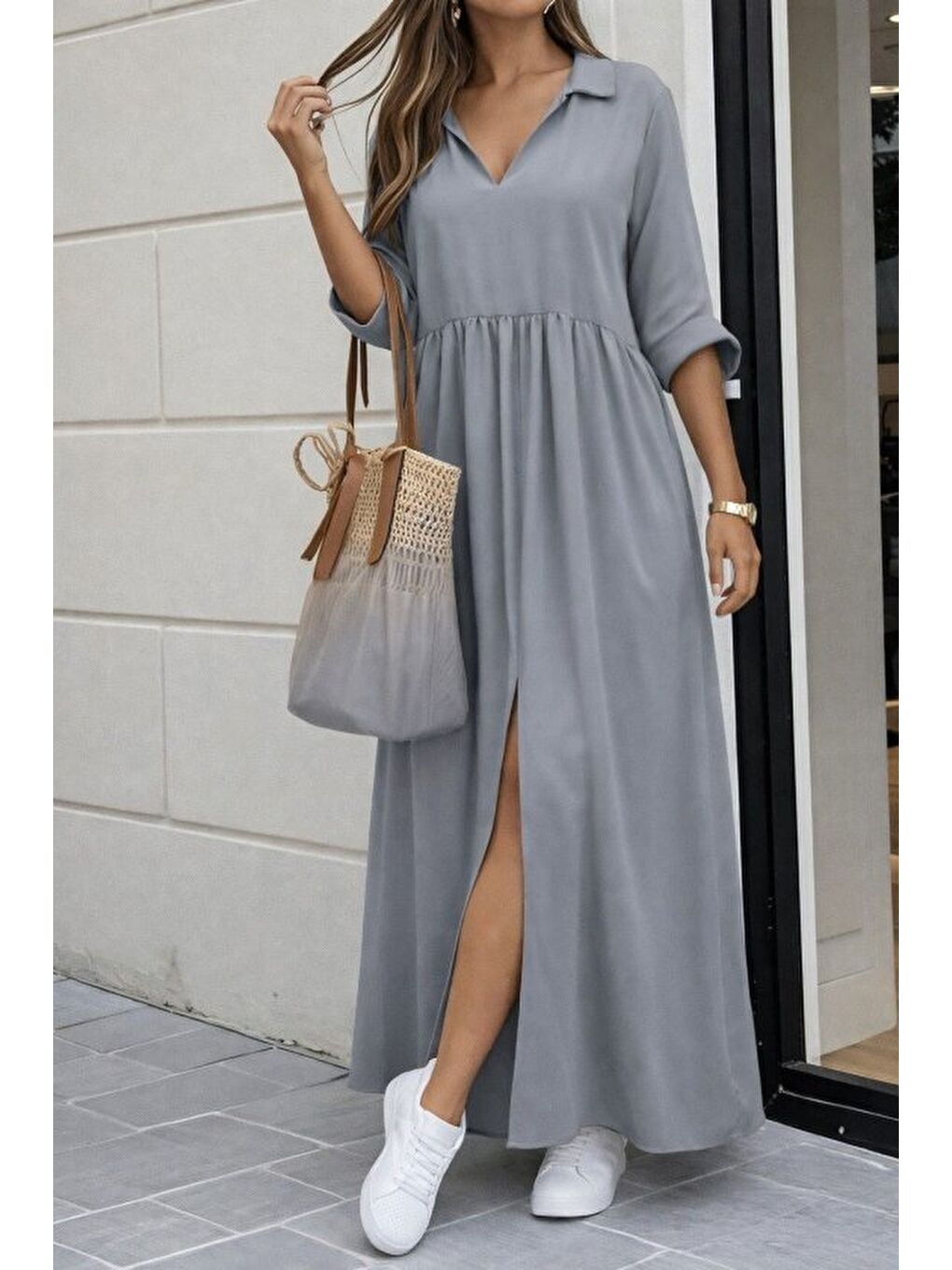 Gri Kadın Truvakar Kollu V Yakalı Yırtmaçlı Uzun Aerobin Elbise