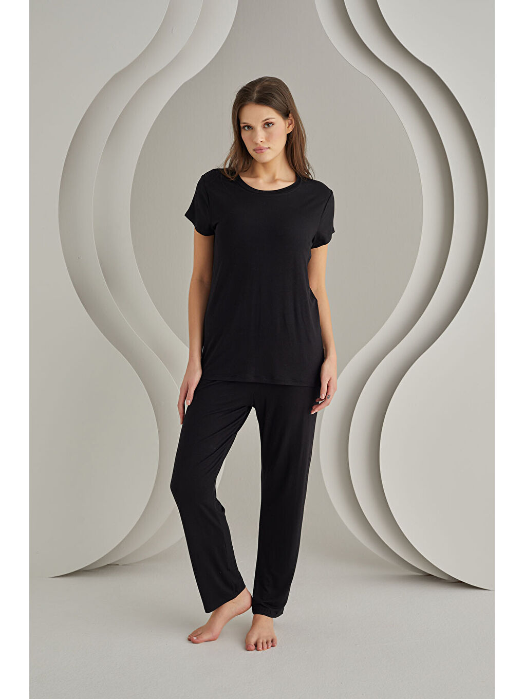 Siyah Viskon Sütyenli Pijama Takımı