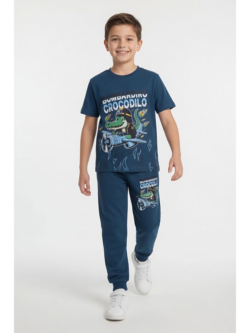 Mavi Timsah Baskılı Eşofmanlı Erkek Çocuk Tişörtlü 2li Takım 23915-2