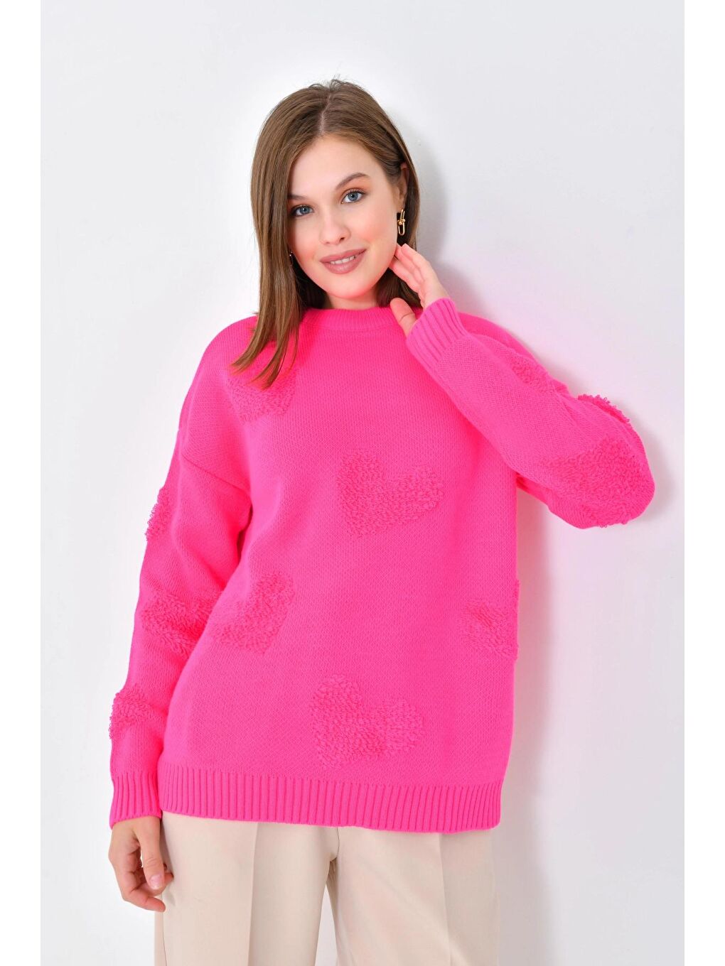 Fuşya Kalp Desenli Bisiklet Yak Kalın Triko Kazak-3