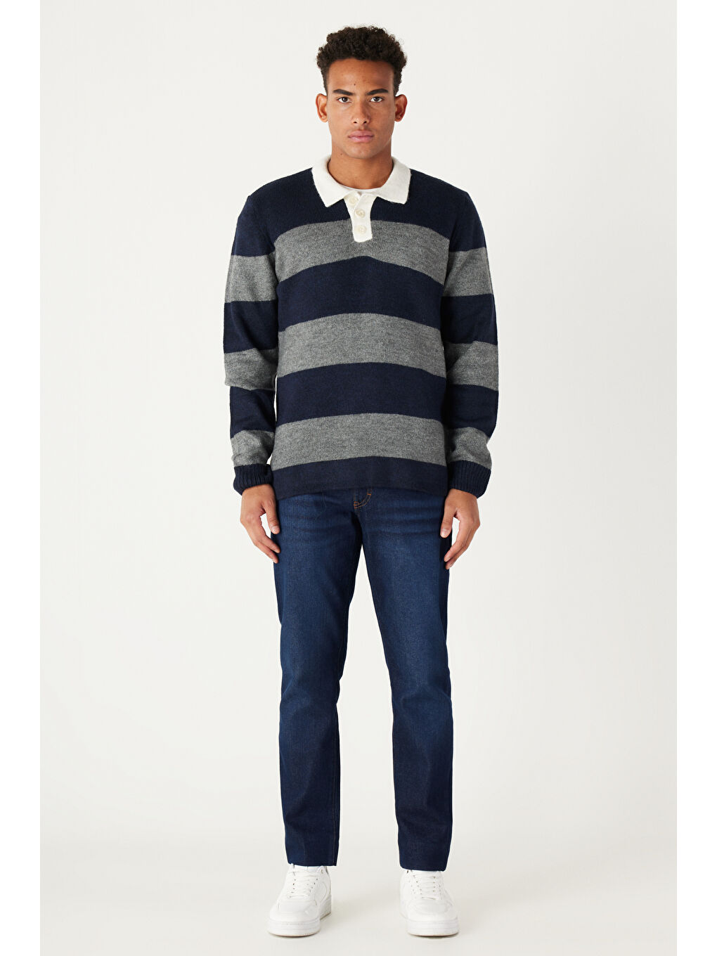 Erkek Lacivert-Gri Standart Fit Normal Kesim Polo Yaka Çizgili Triko-1