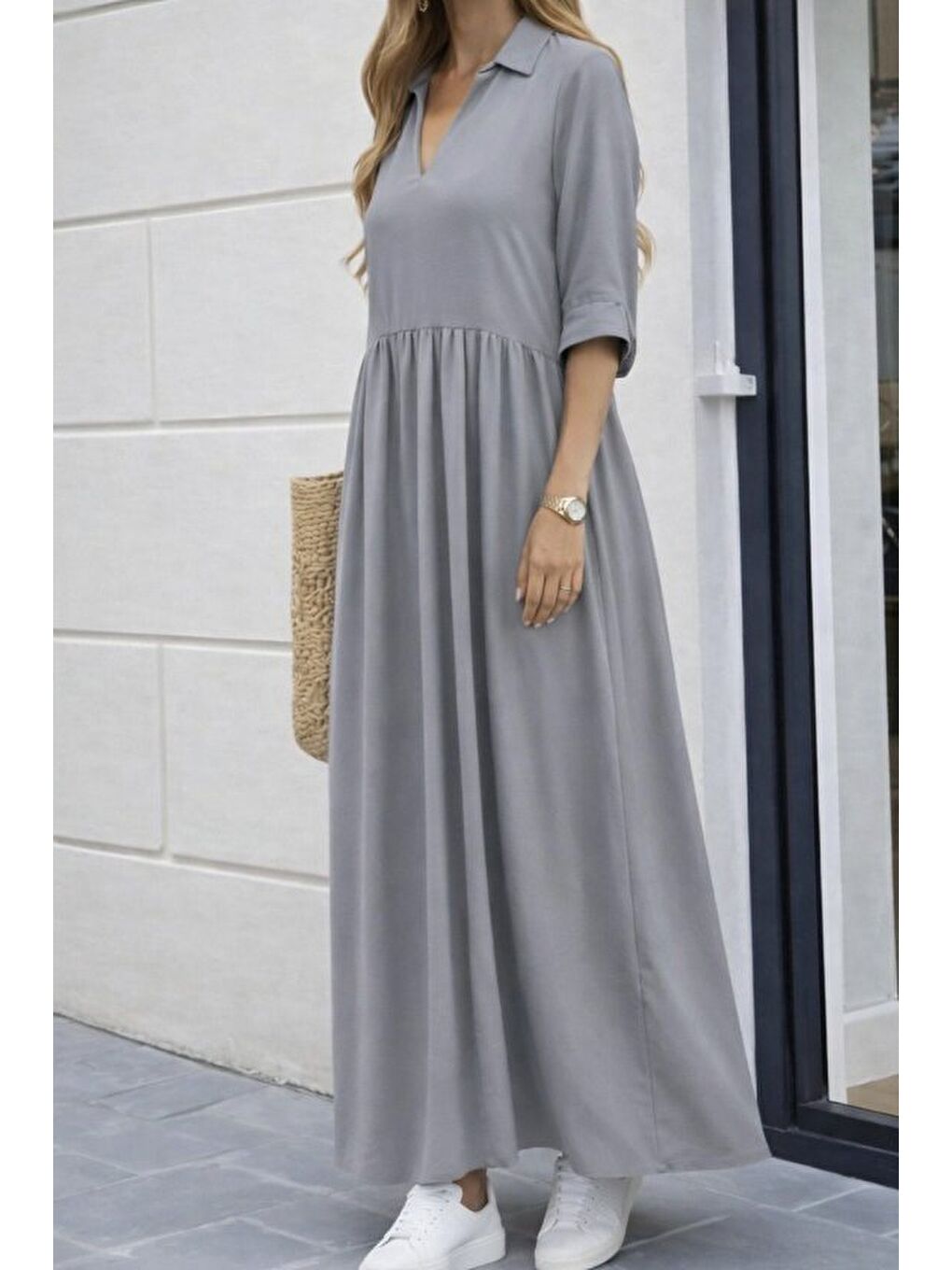 Gri Kadın Truvakar Kollu V Yakalı Yırtmaçlı Uzun Aerobin Elbise-1