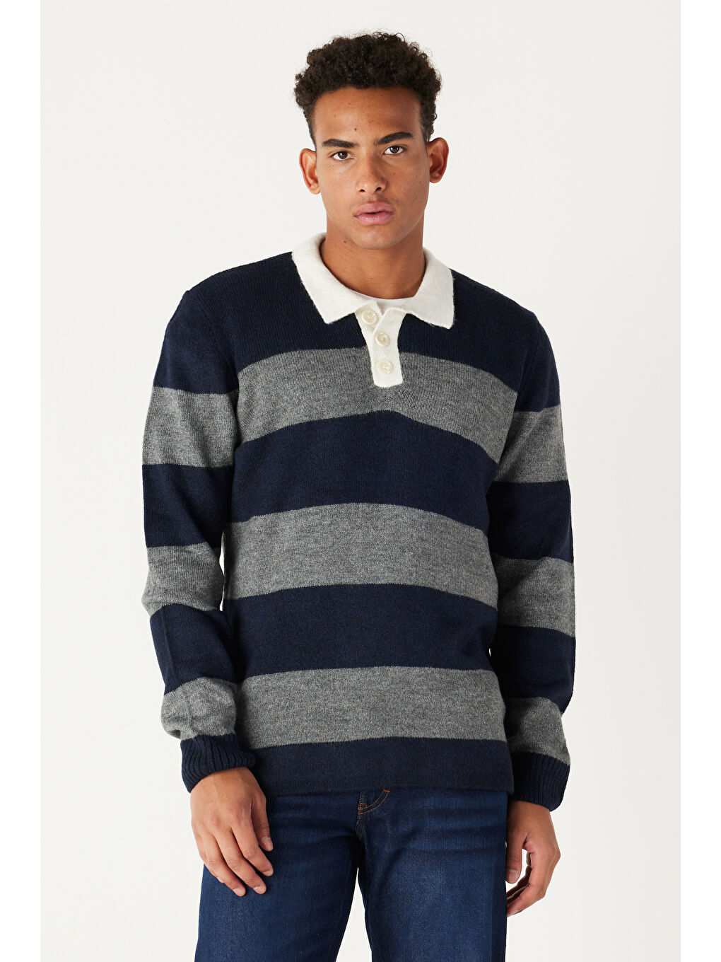 Erkek Lacivert-Gri Standart Fit Normal Kesim Polo Yaka Çizgili Triko-2