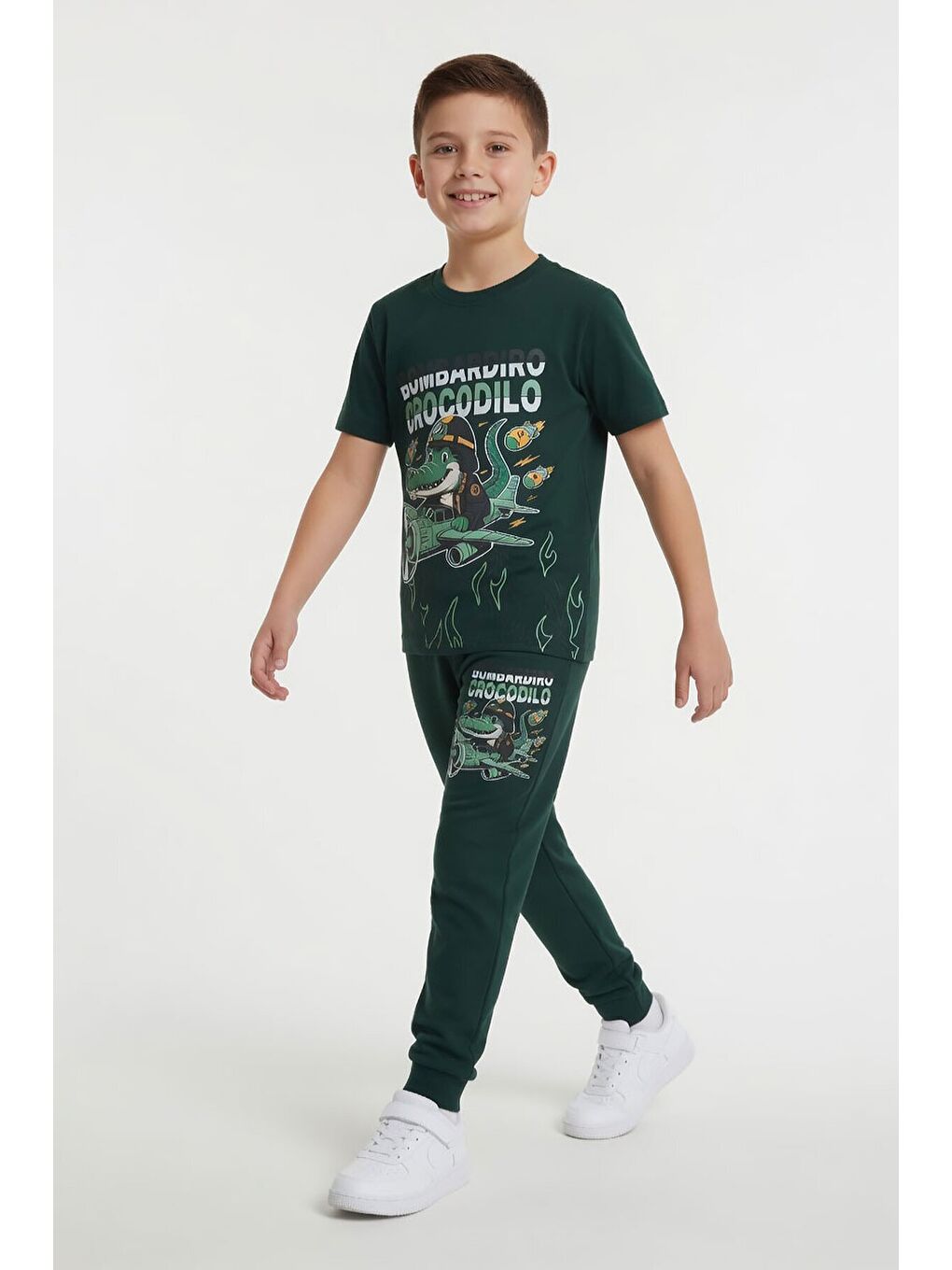Yeşil Timsah Baskılı Eşofmanlı Erkek Çocuk Tişörtlü 2li Takım 23914-1
