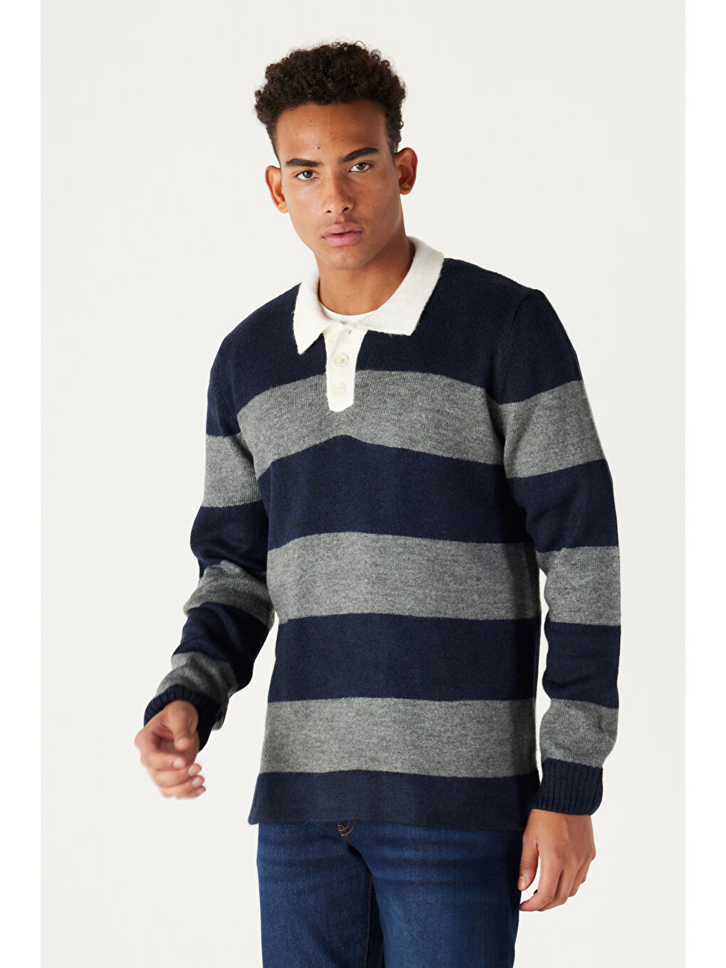 Erkek Lacivert-Gri Standart Fit Normal Kesim Polo Yaka Çizgili Triko-3