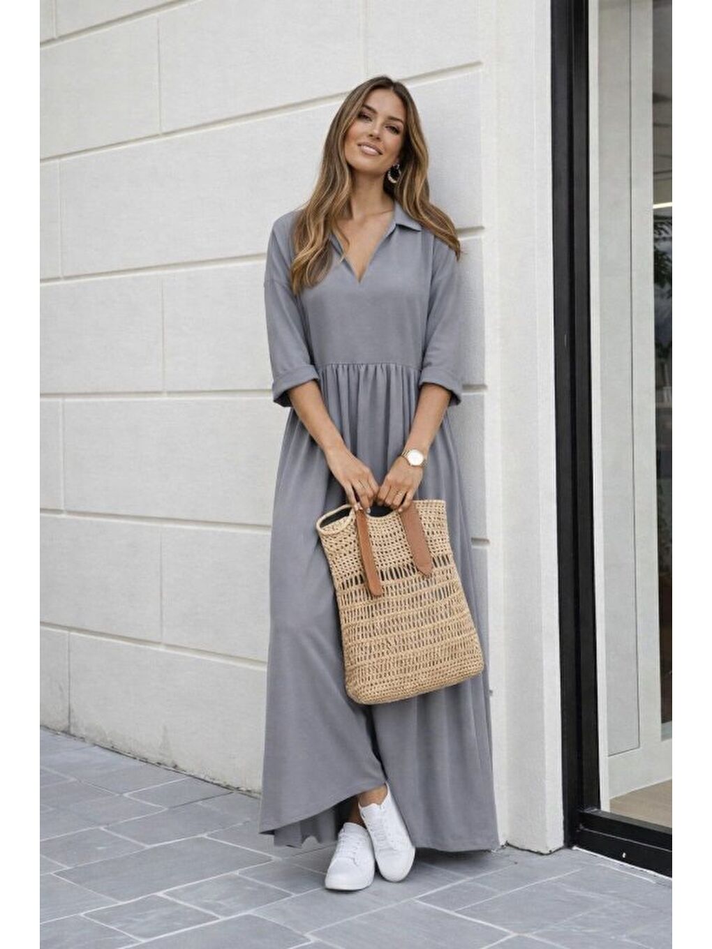 Gri Kadın Truvakar Kollu V Yakalı Yırtmaçlı Uzun Aerobin Elbise-2