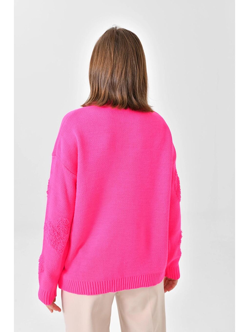 Fuşya Kalp Desenli Bisiklet Yak Kalın Triko Kazak-4