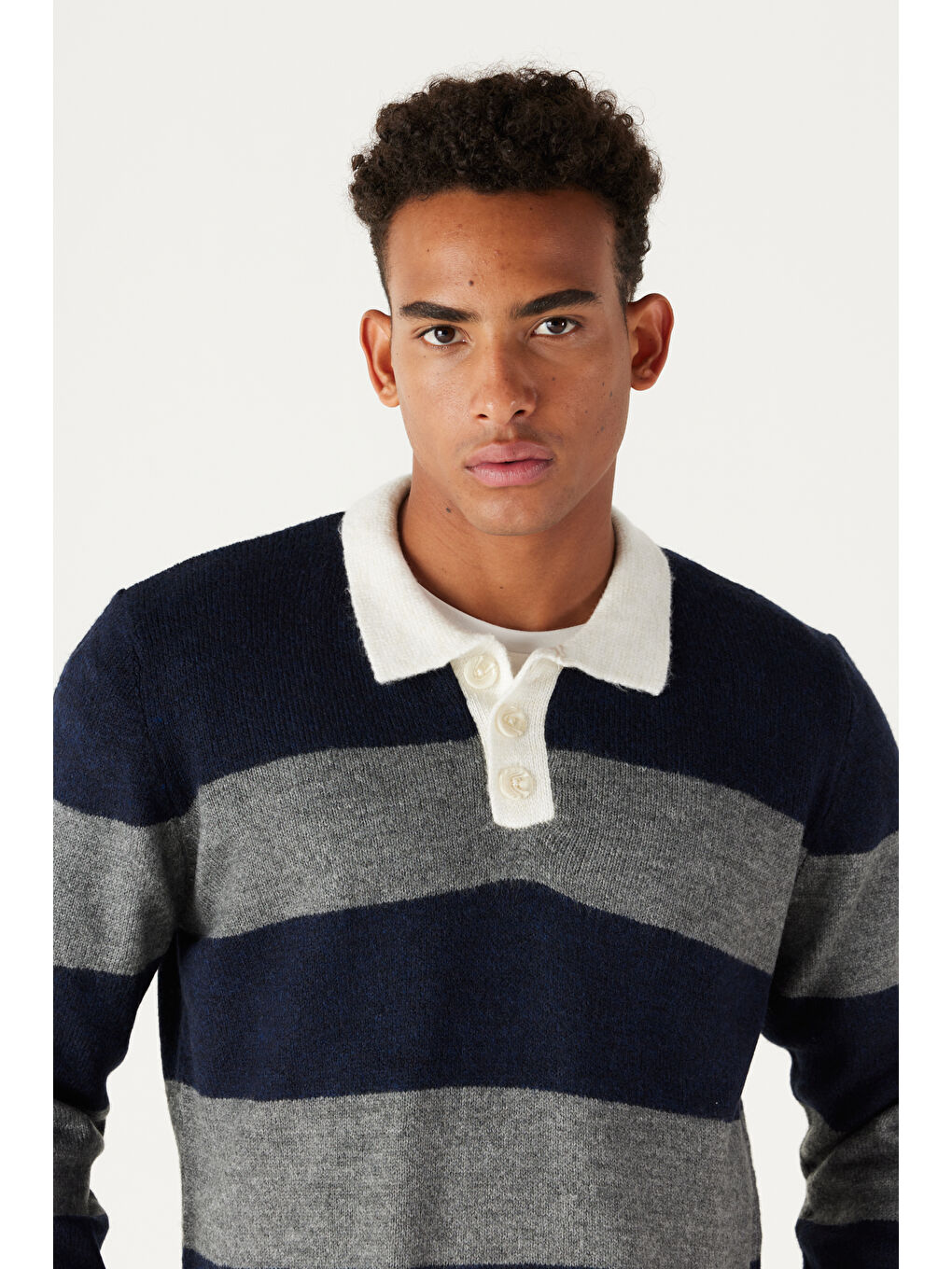 Erkek Lacivert-Gri Standart Fit Normal Kesim Polo Yaka Çizgili Triko-4