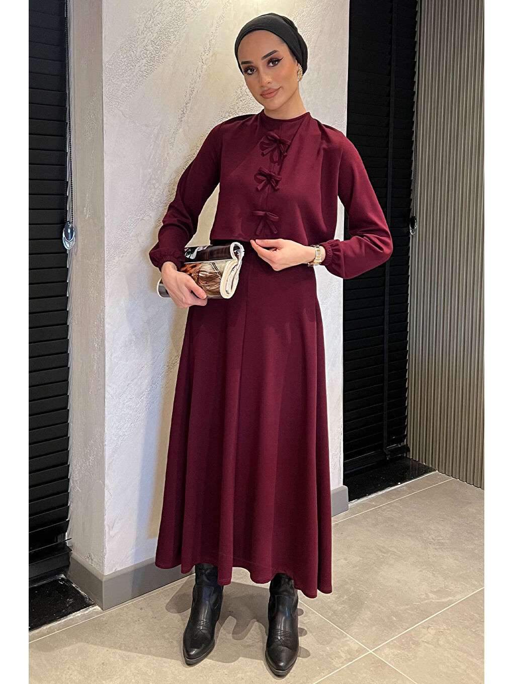 Mürdüm Kurdele Detaylı Etek Bluz Tesettür İkili Takım