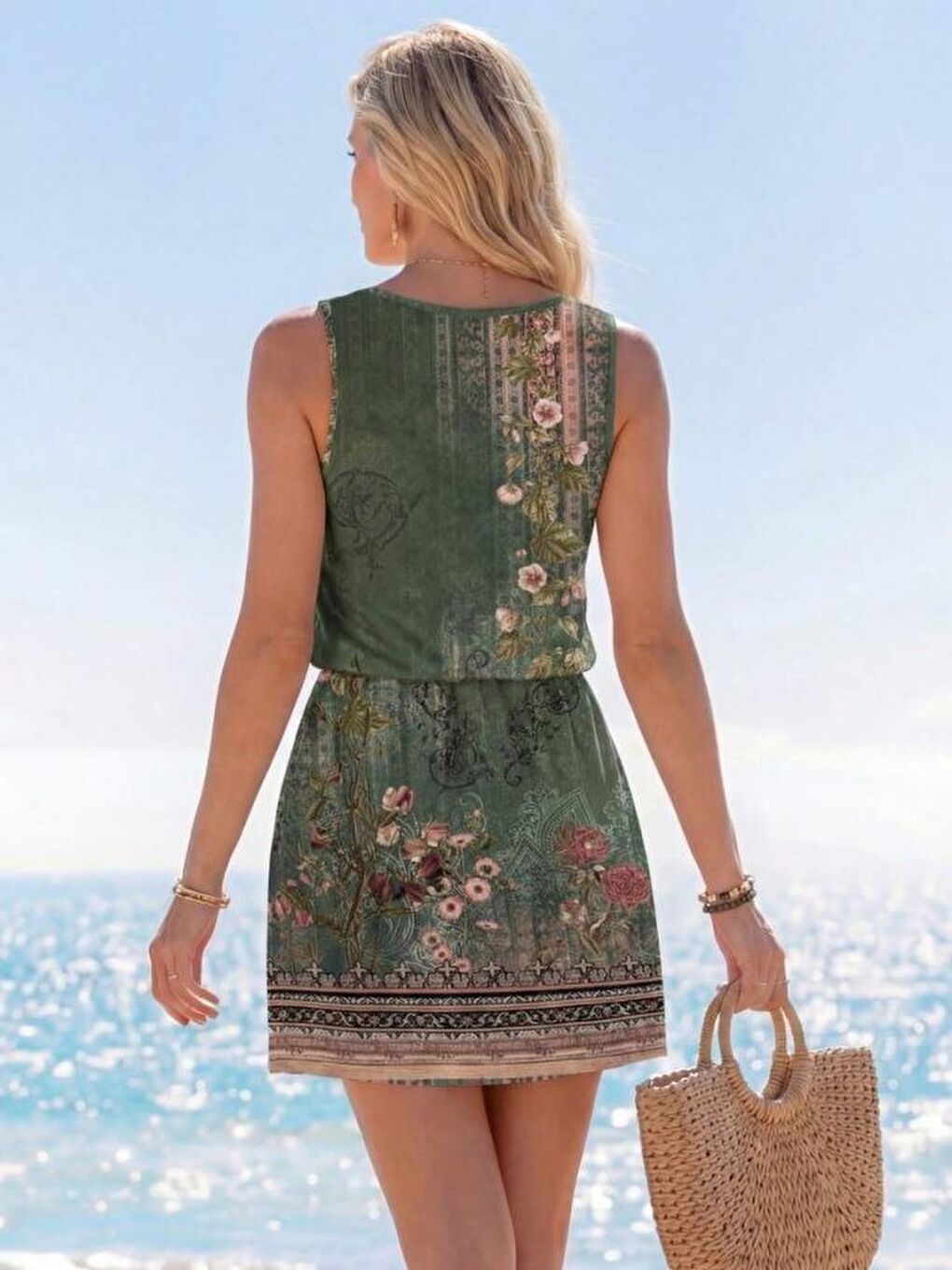 Yeşil Kadın Askılı Yuvarlak Yakalı Beli Kusaklı çiçek Desenli Kısa Süprem Elbise-2