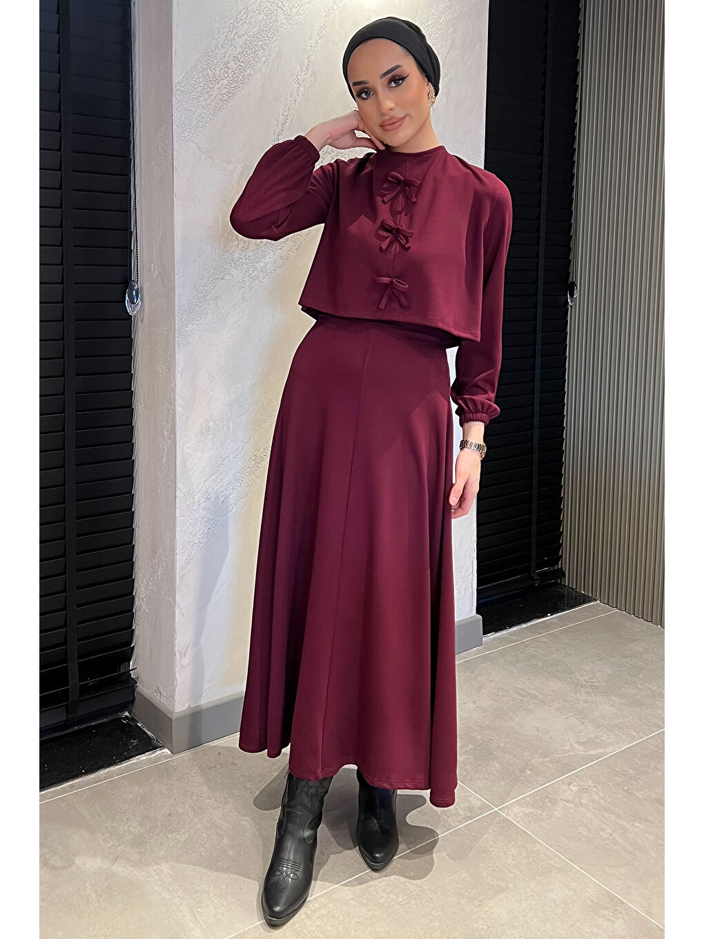 Mürdüm Kurdele Detaylı Etek Bluz Tesettür İkili Takım-2