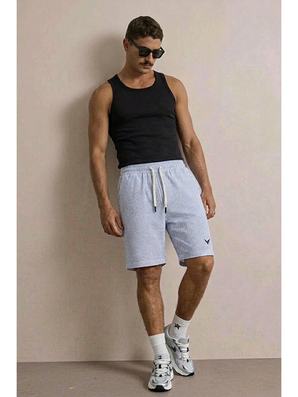 Erkek Nakışlı Premium Comfort Çizgili Mavi Şort-2