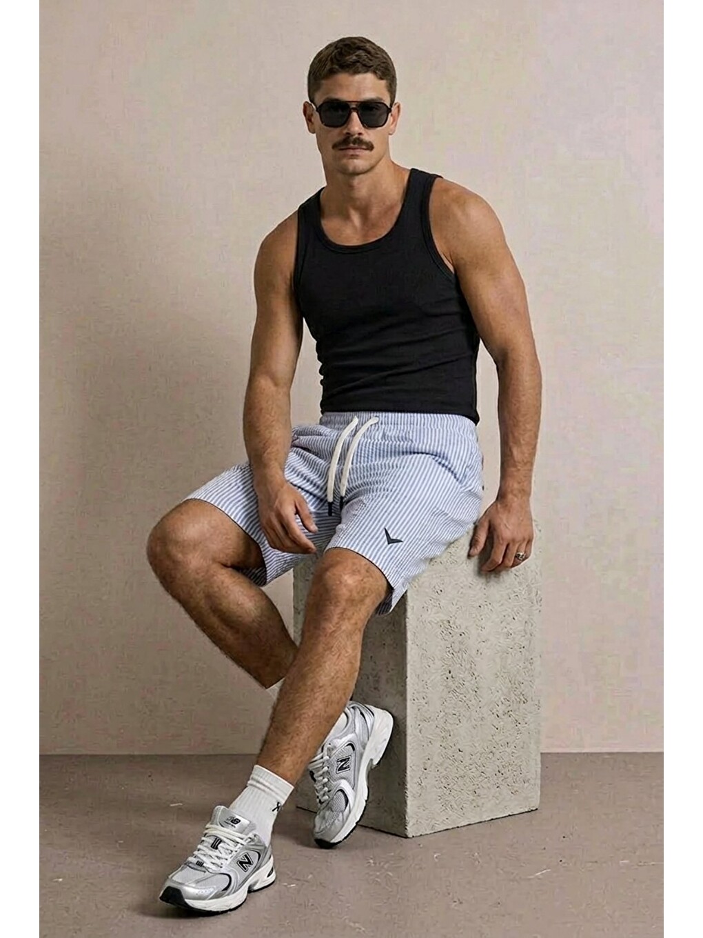 Erkek Nakışlı Premium Comfort Çizgili Mavi Şort-3