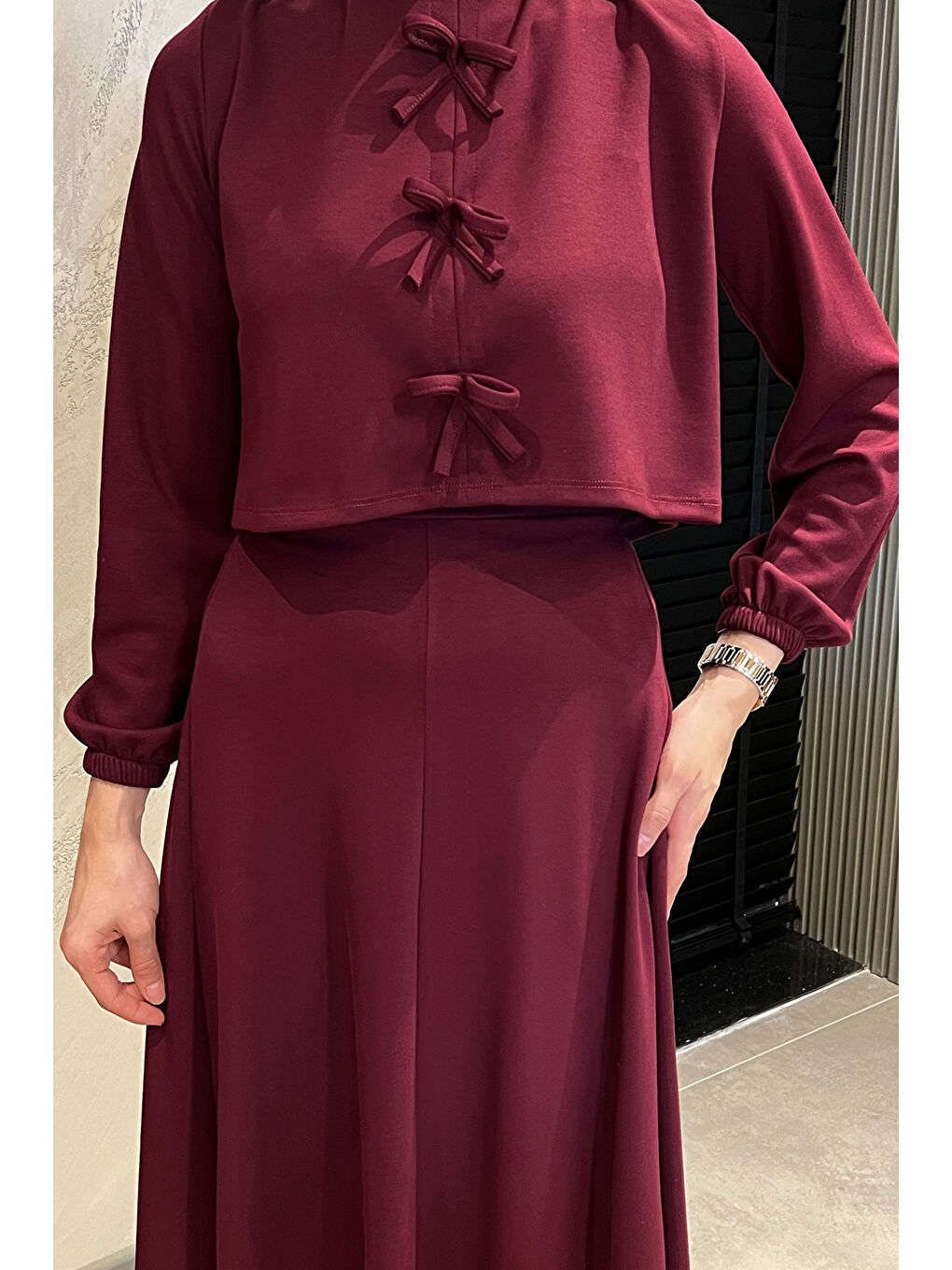 Mürdüm Kurdele Detaylı Etek Bluz Tesettür İkili Takım-4