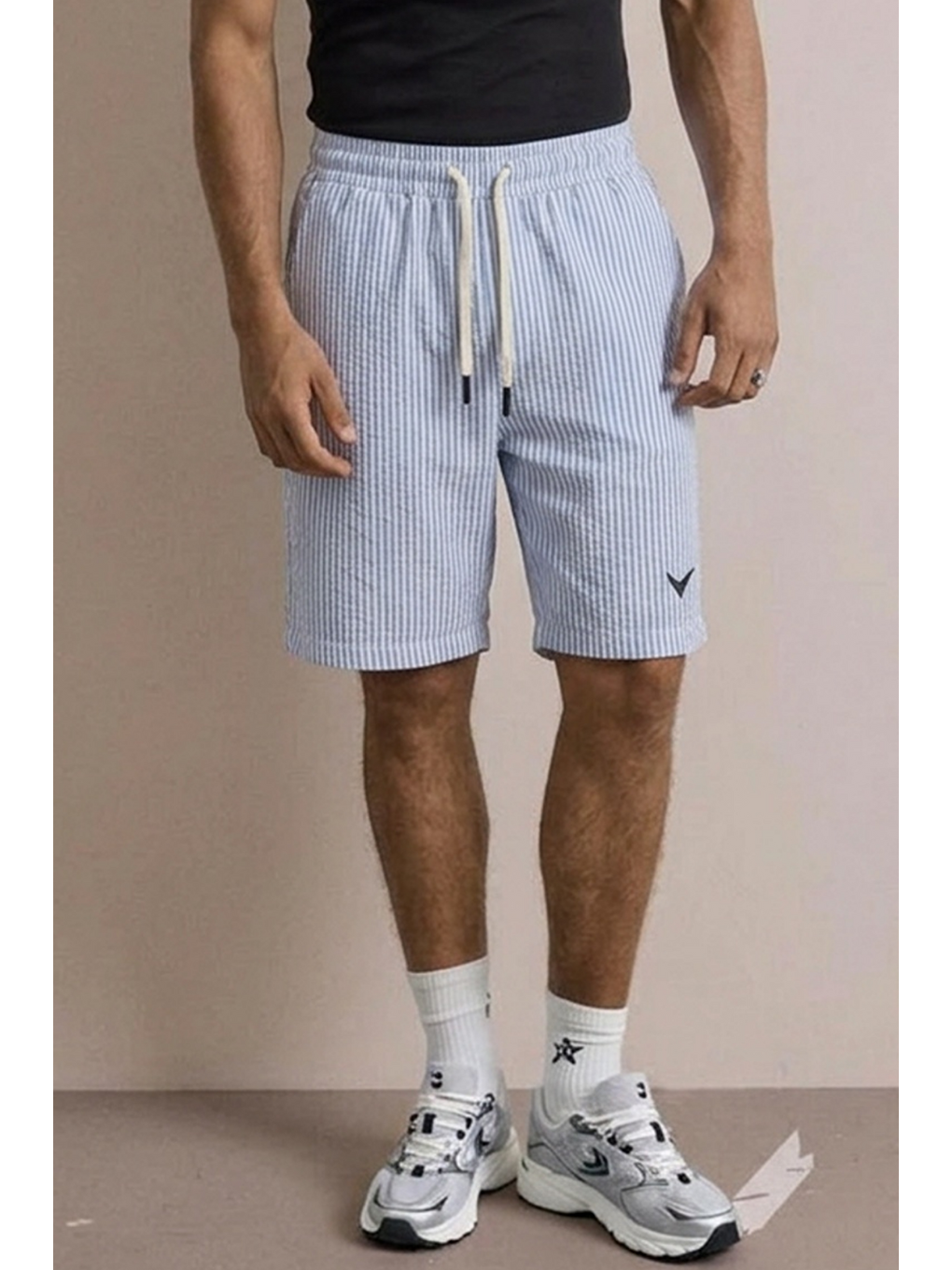 Erkek Nakışlı Premium Comfort Çizgili Mavi Şort-4