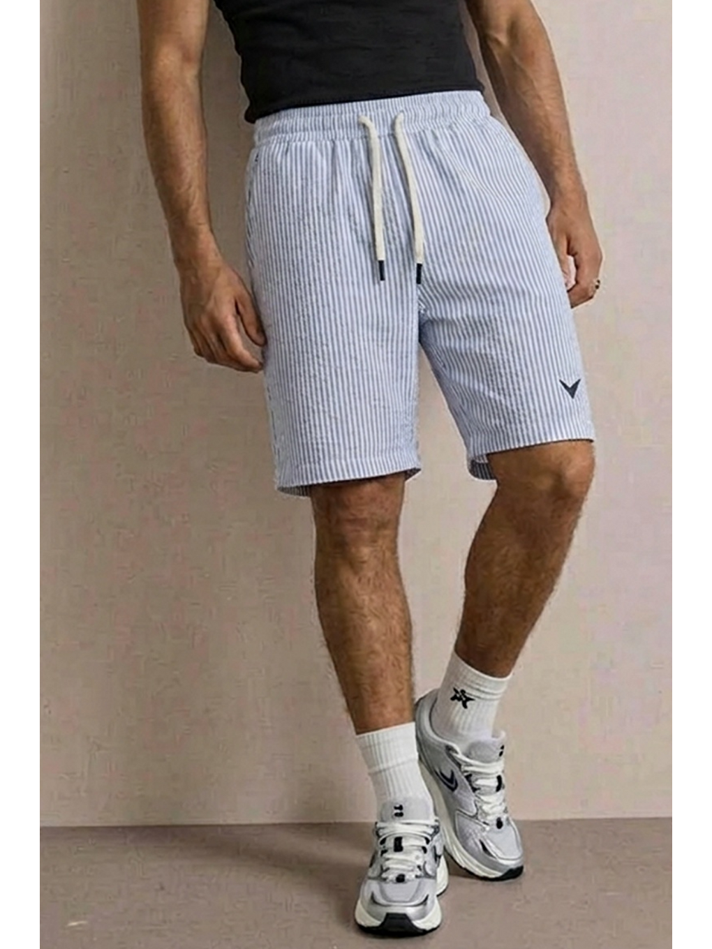 Erkek Nakışlı Premium Comfort Çizgili Mavi Şort-5