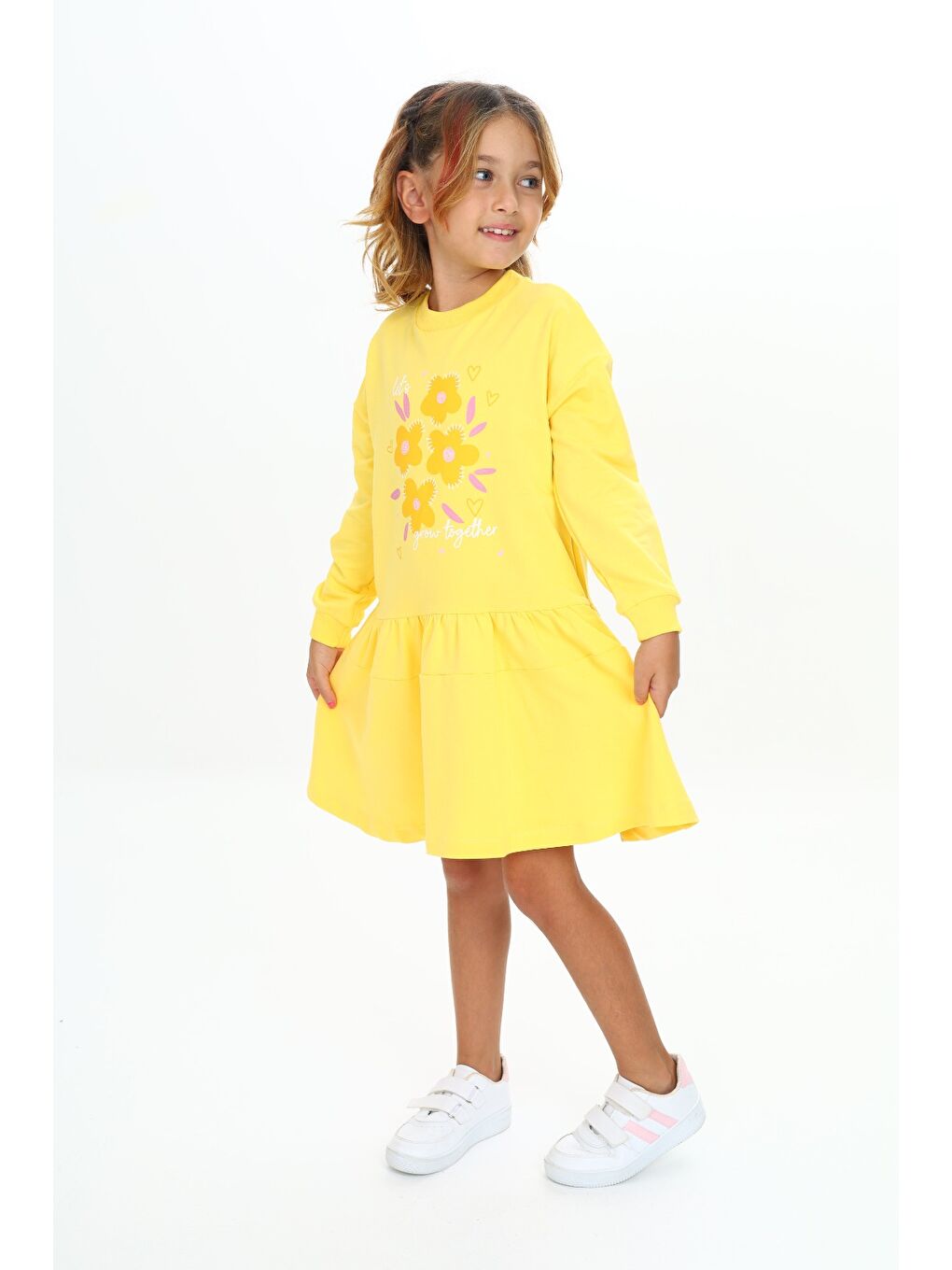 Sarı Kız Çocuk Baskılı Elbise-1