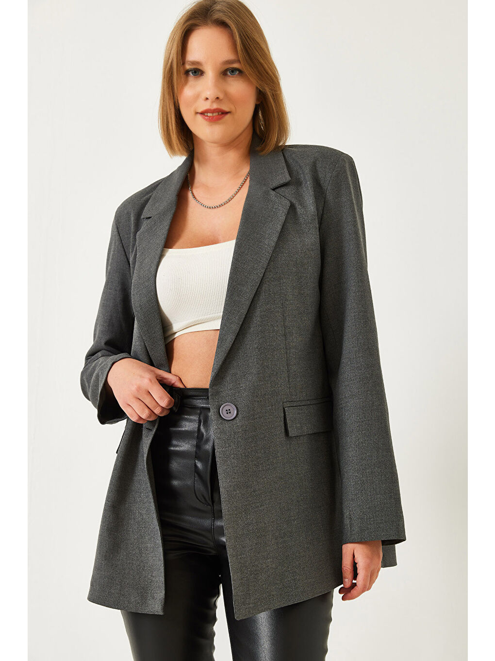 Gri Kadın Tek Düğmeli Ceket