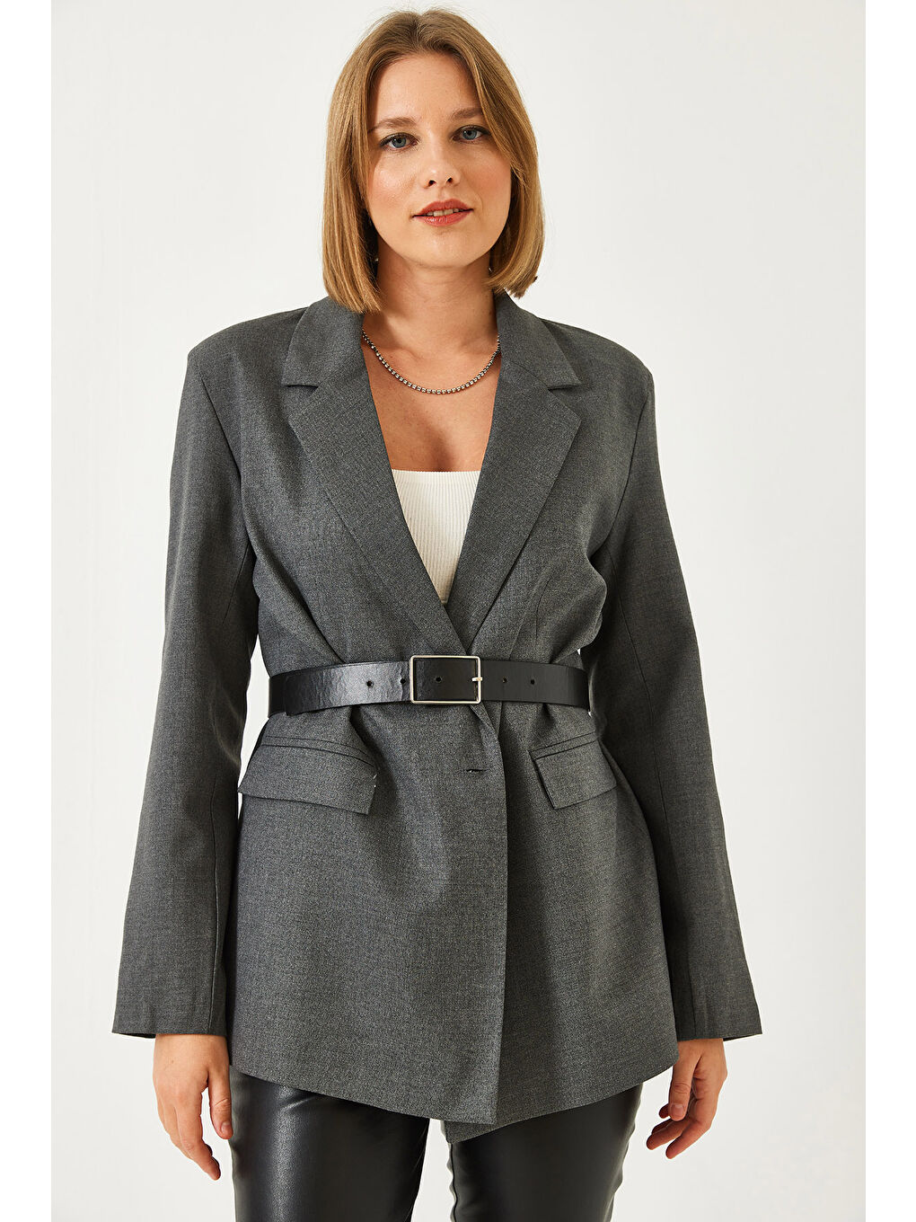 Gri Kadın Tek Düğmeli Ceket-2