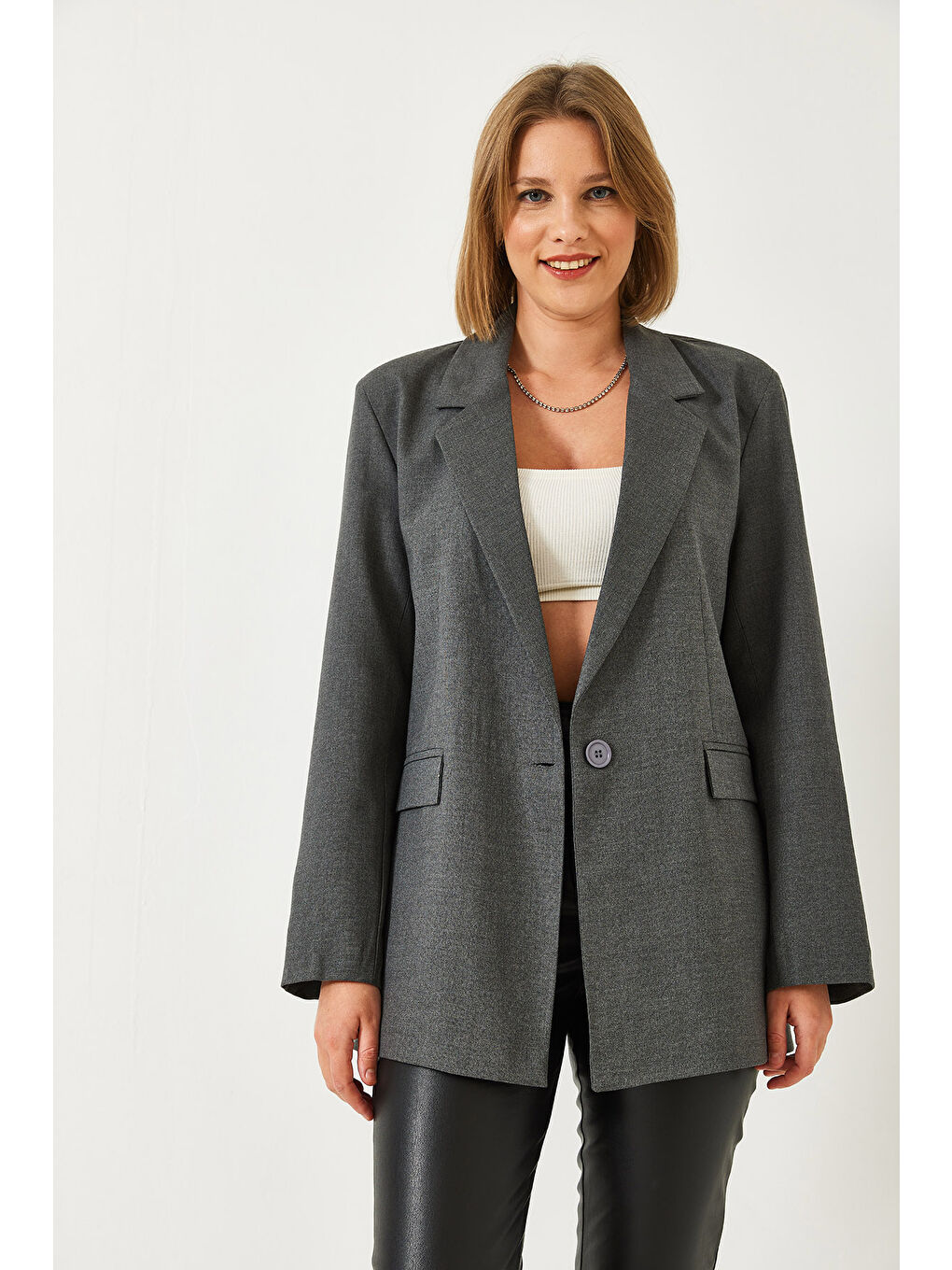 Gri Kadın Tek Düğmeli Ceket-3