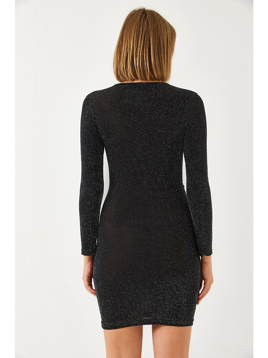 Siyah Kadın Kruvaze Yaka Simli Elbise-5