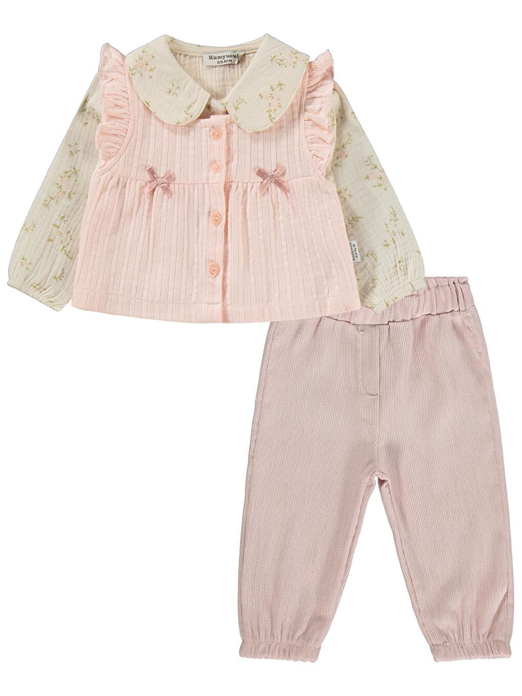 Pembe Lüks Müslin Gömlek Yelek 3 lü 6-18 Ay Takım - Pudra 18-24 Ay