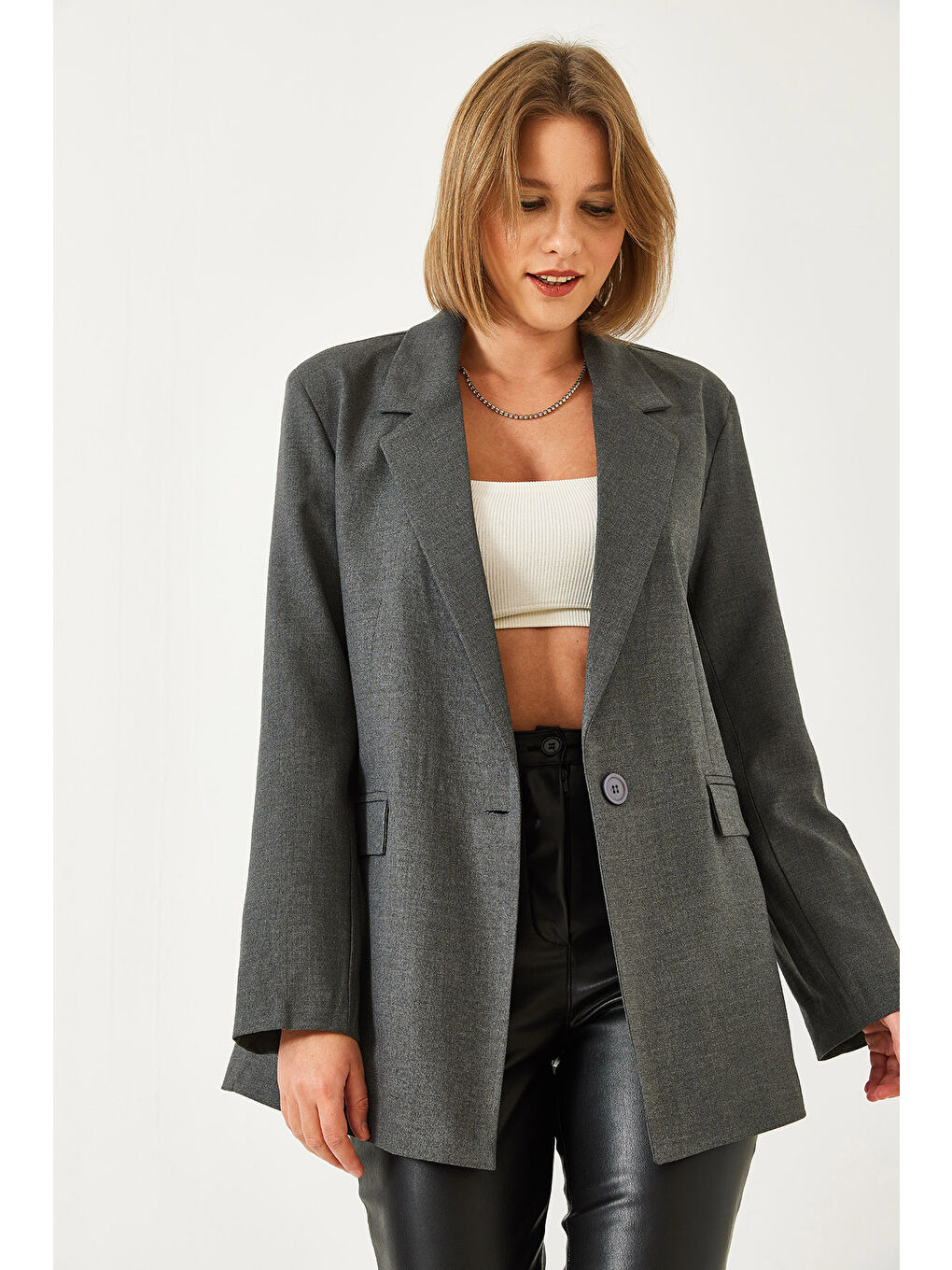 Gri Kadın Tek Düğmeli Ceket-4