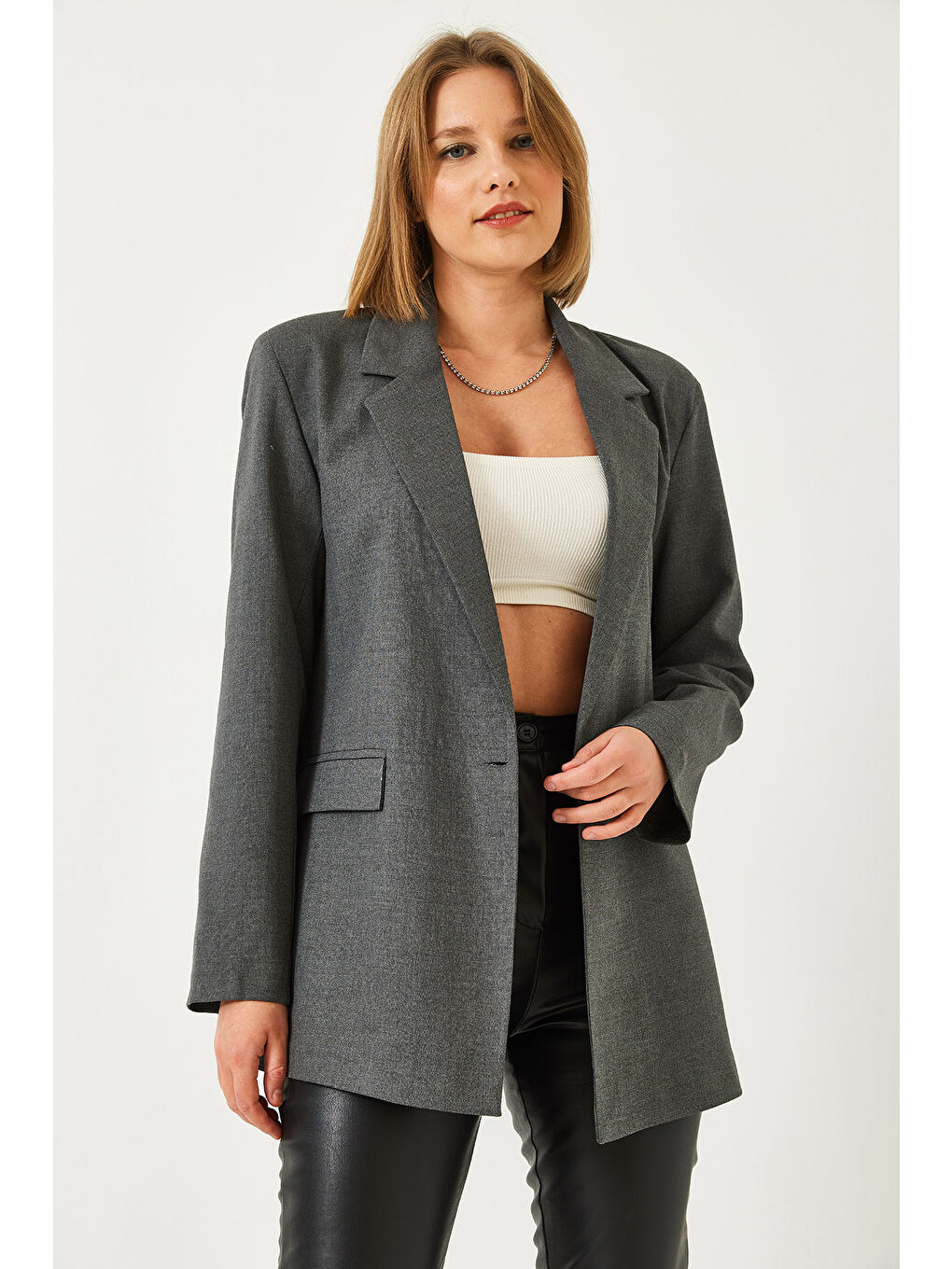 Gri Kadın Tek Düğmeli Ceket-5