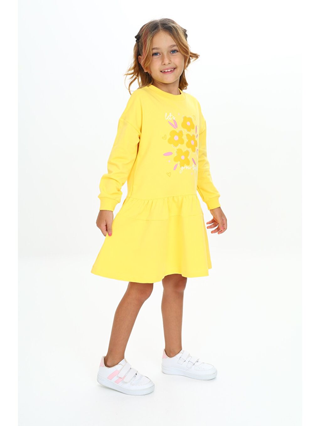 Sarı Kız Çocuk Baskılı Elbise-3