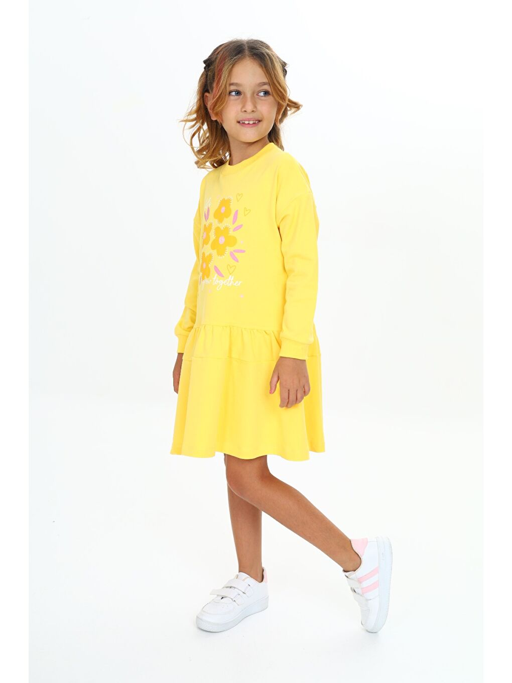 Sarı Kız Çocuk Baskılı Elbise-4