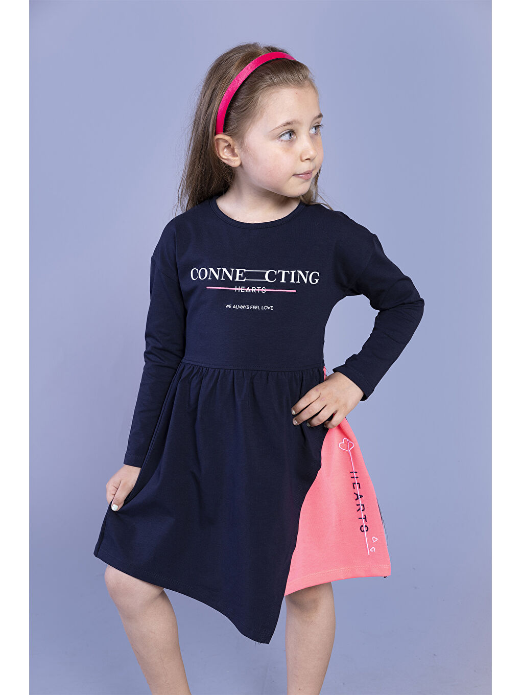 Lacivert Kız Çocuk Baskılı Garni Detaylı Elbise-2